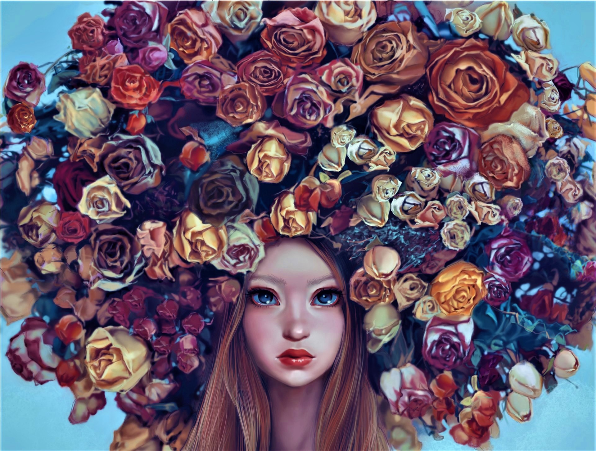 Laden Sie das Fantasie, Blume, Rose, Kopf, Bunt, Frauen, Blaue Augen, Lippenstift-Bild kostenlos auf Ihren PC-Desktop herunter