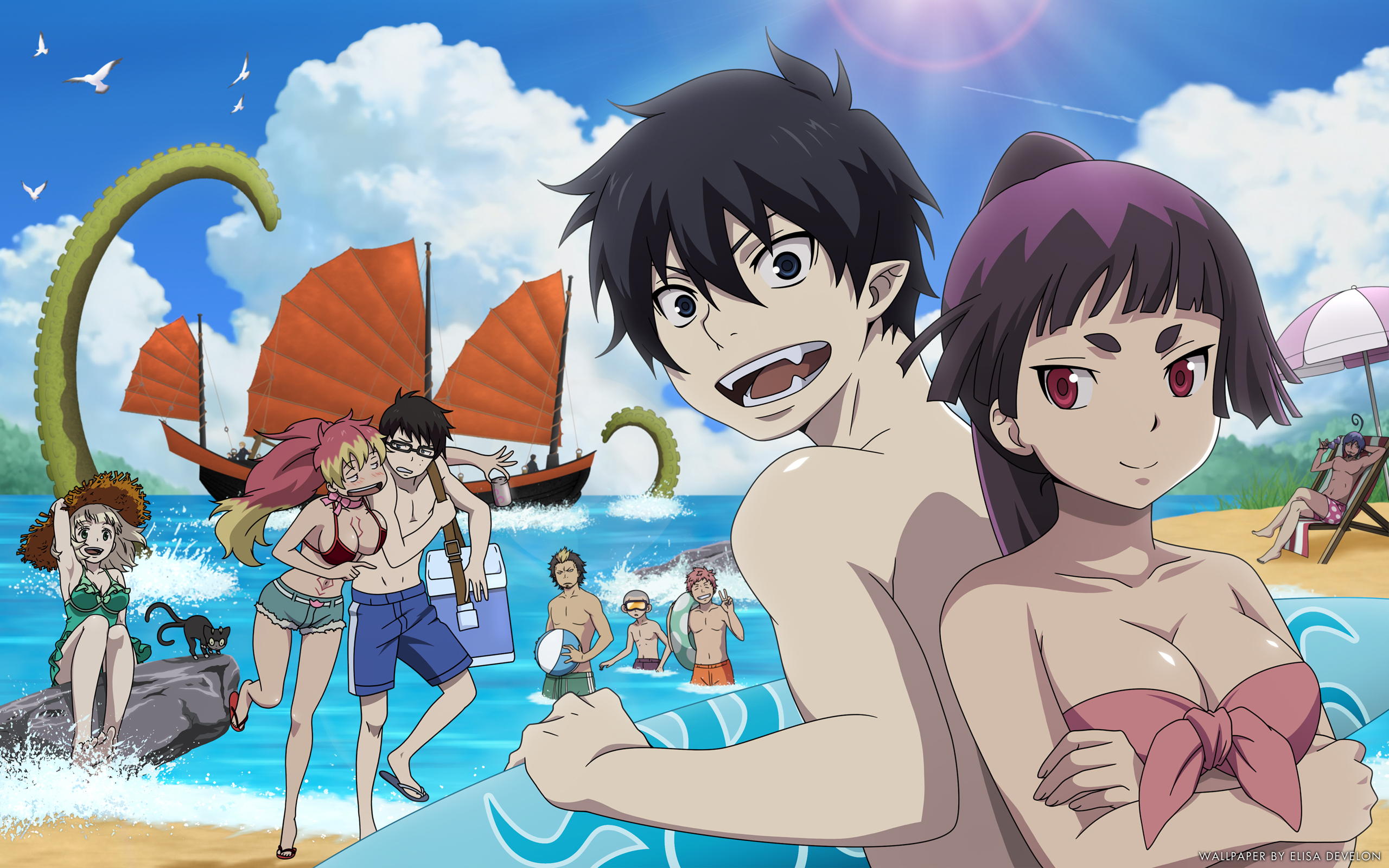 anime, blue exorcist, ao no exorcist, beach, black hair, izumo kamiki, konekomaru miwa, kuro (ao no exorcist), mephisto pheles, purple hair, red eyes, renzo shima, rin okumura, ryuji suguro, shiemi moriyama, shura kirigakure, yukio okumura