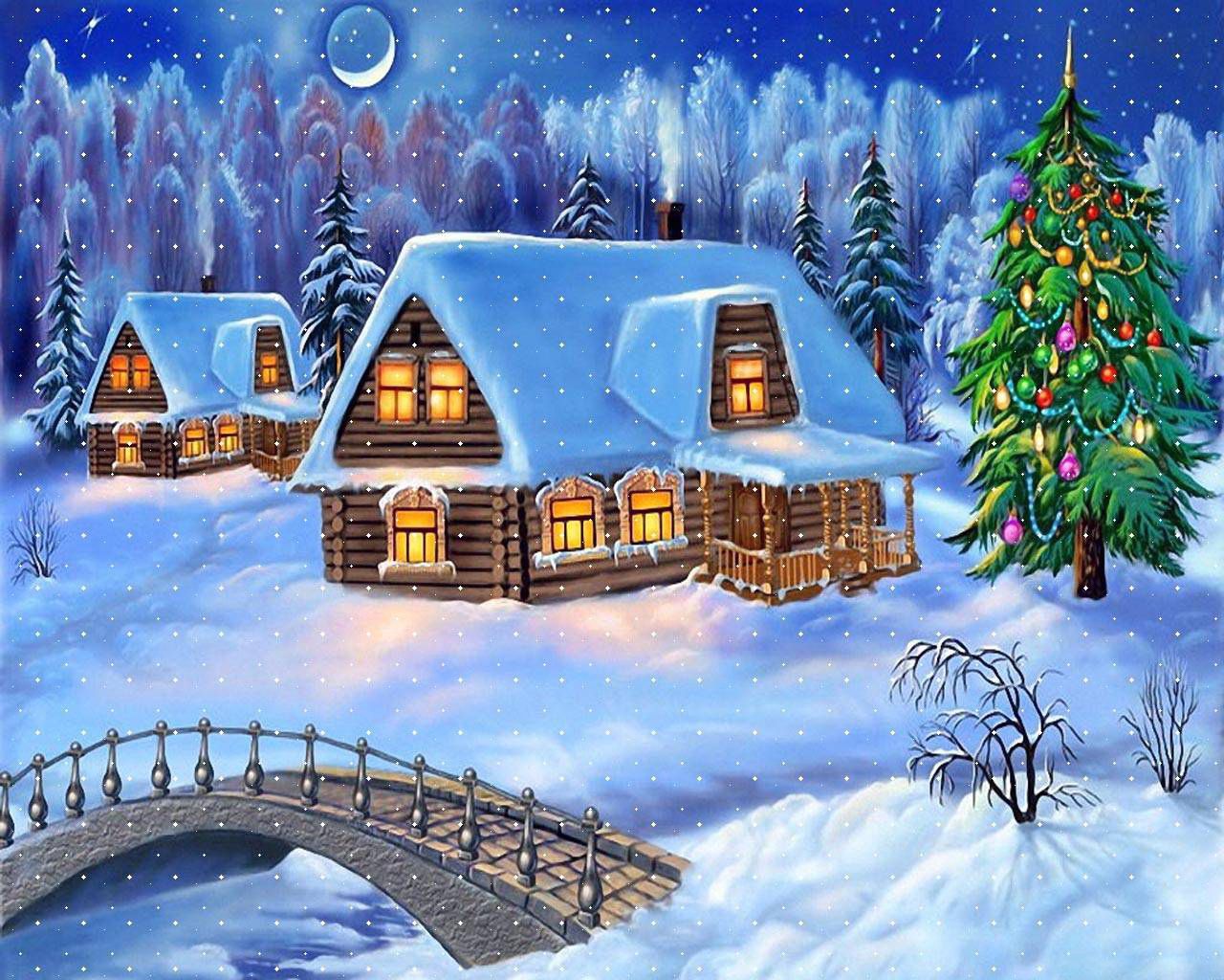 snow, christmas tree, winter, holidays, new year, christmas, house, bridge, postcard HD wallpaper
