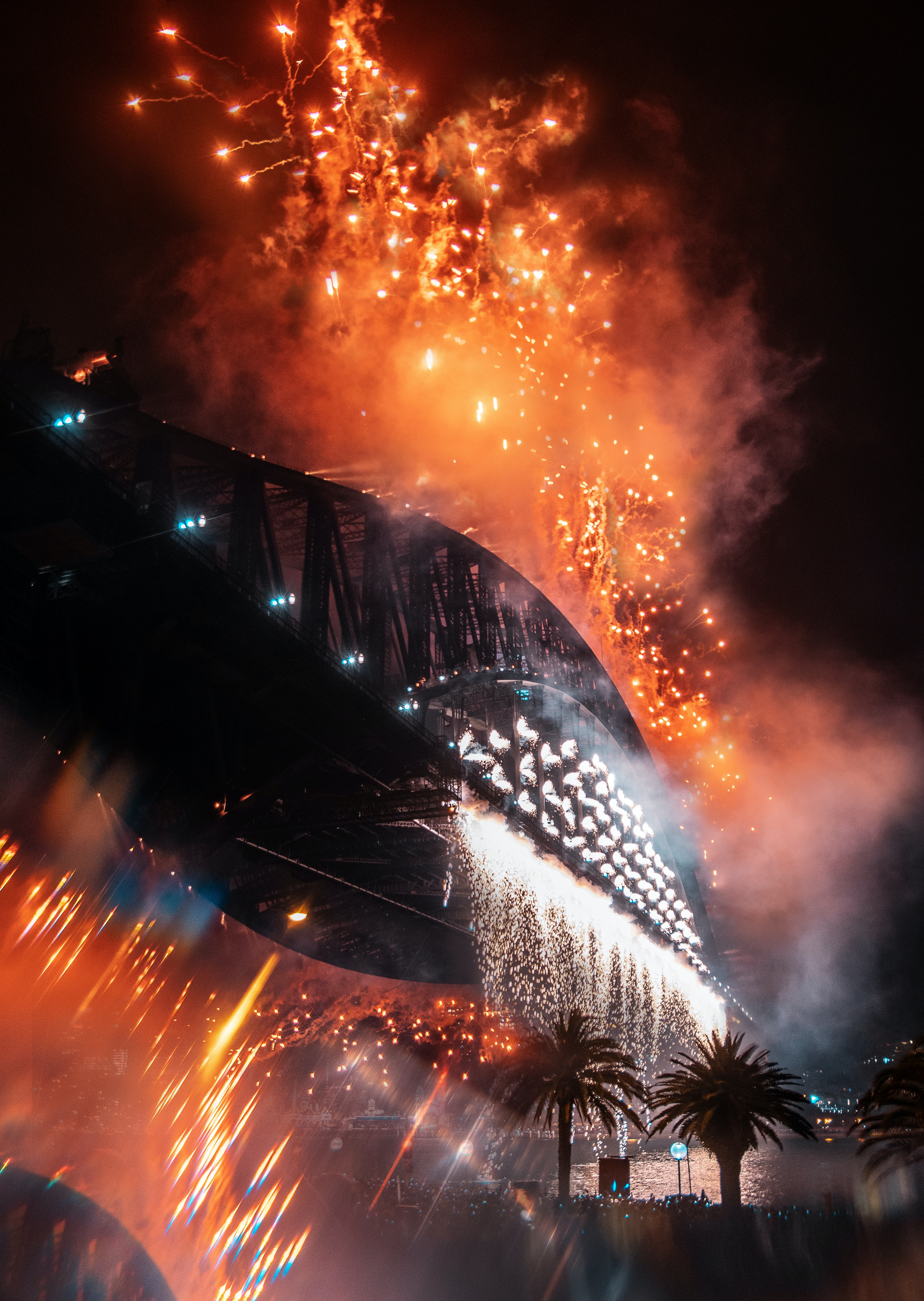 fireworks, smoke, holidays, night, sparks, bridge, firework High Definition image