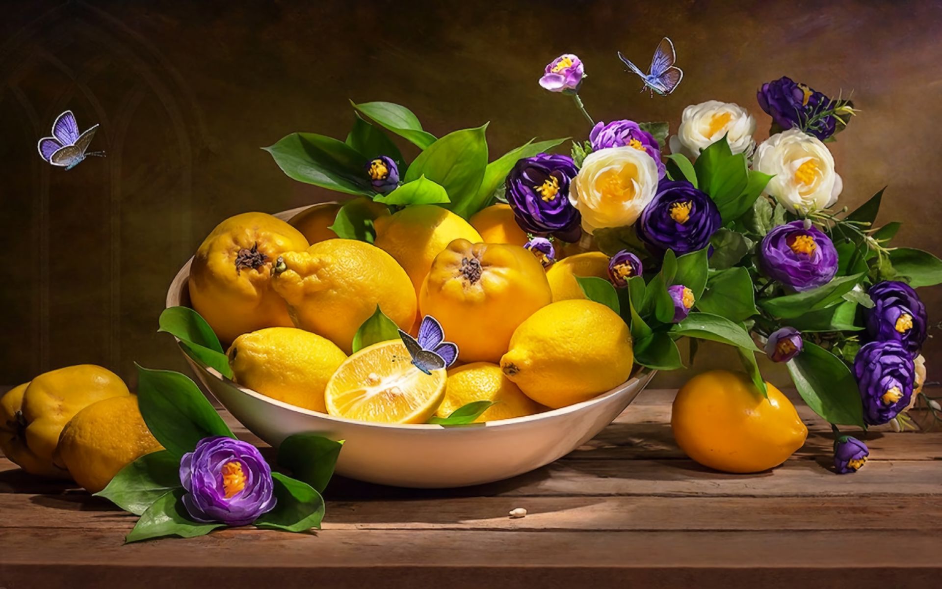 778592 завантажити картинку натюрморт, чаша, фотографія, метелик, квітка, фрукти, лимон - шпалери і заставки безкоштовно