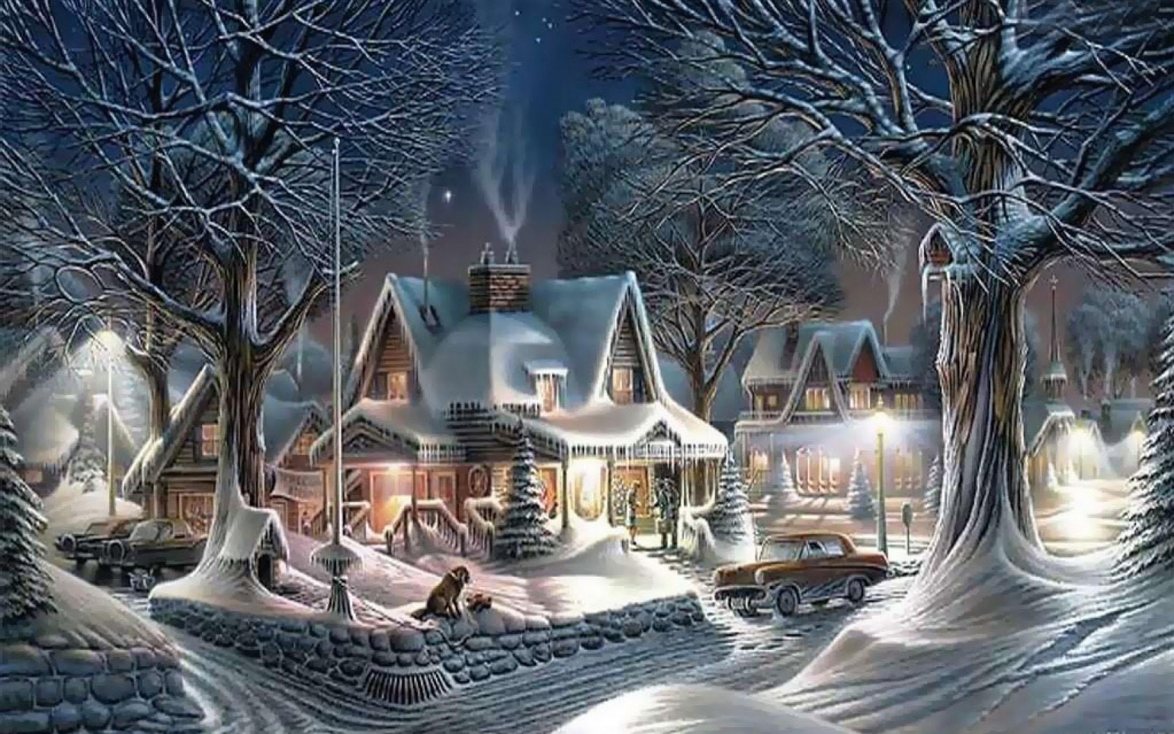 Free download wallpaper Winter, Snow, Tree, House, Painting, Artistic on your PC desktop