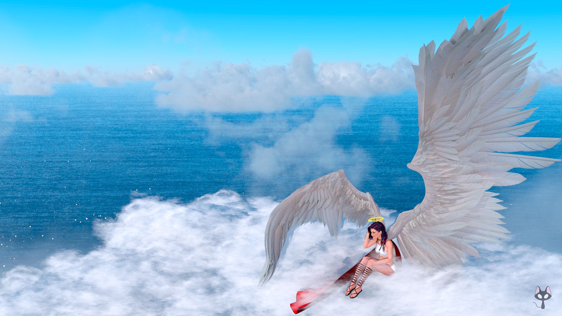 Download mobile wallpaper Fantasy, Ocean, Wings, Angel, Cloud for free.