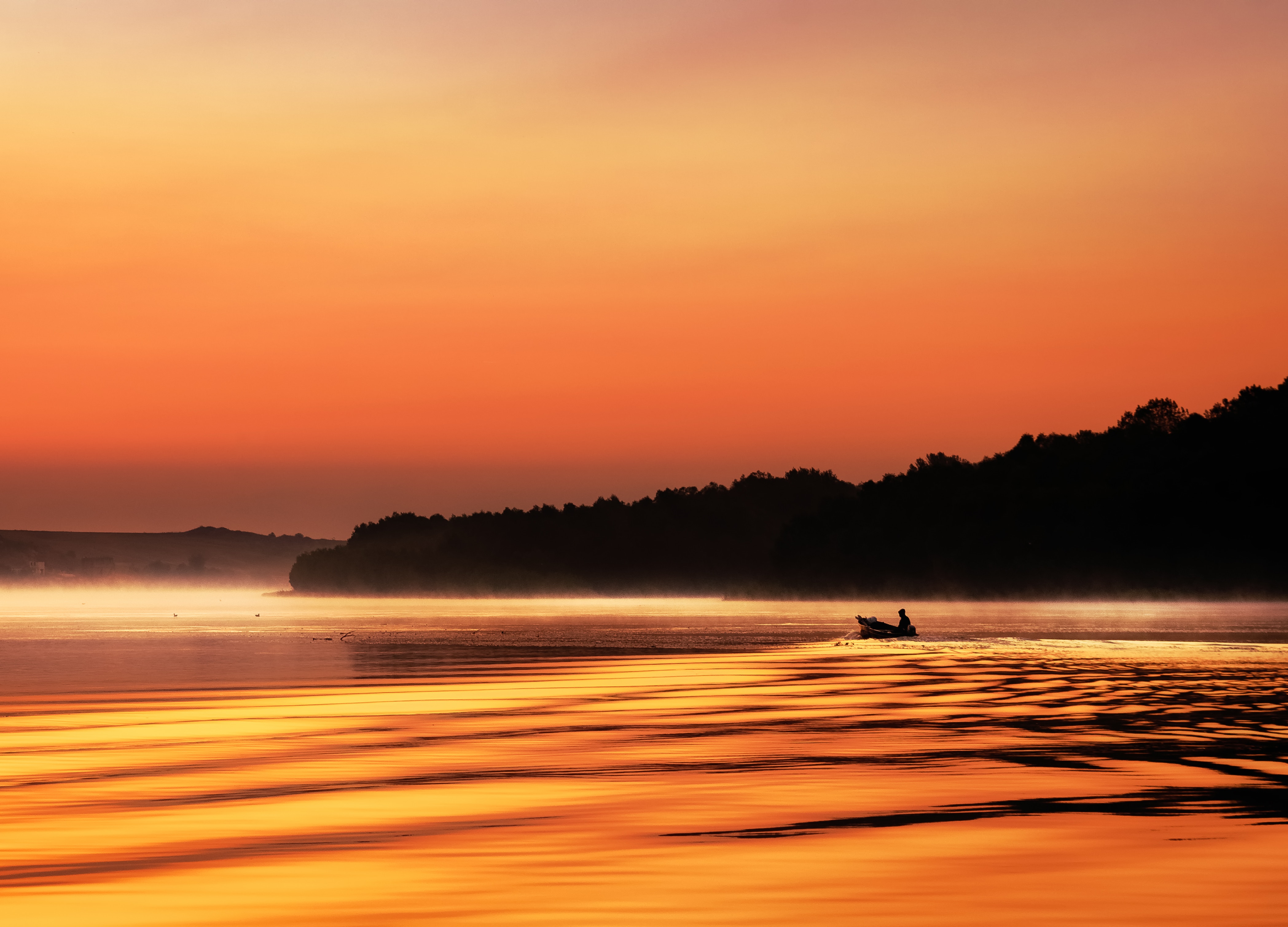 Download mobile wallpaper Twilight, Dusk, Nature, Rivers, Silhouette, Boat for free.