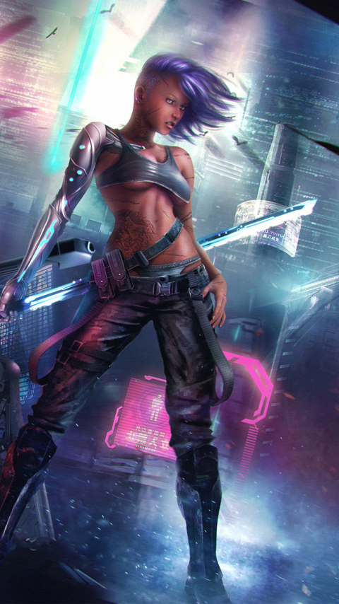 Download mobile wallpaper Tattoo, Sci Fi, Cyborg, Sword, Women Warrior for free.