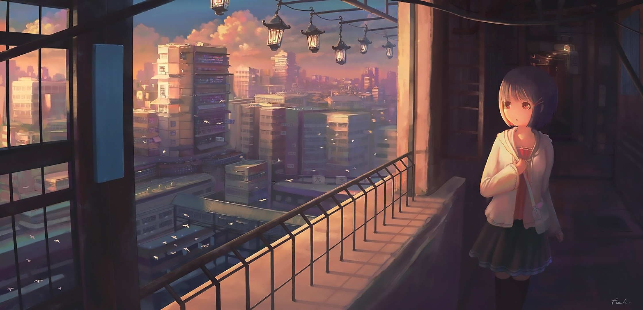 anime, original, balcony, building, lantern, short hair