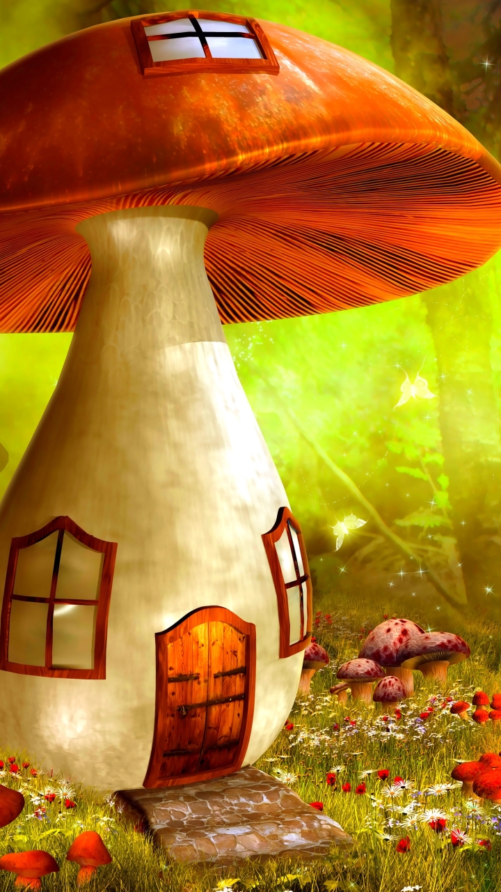 Download mobile wallpaper Fantasy, Flower, House, Mushroom, Spring, Cottage for free.