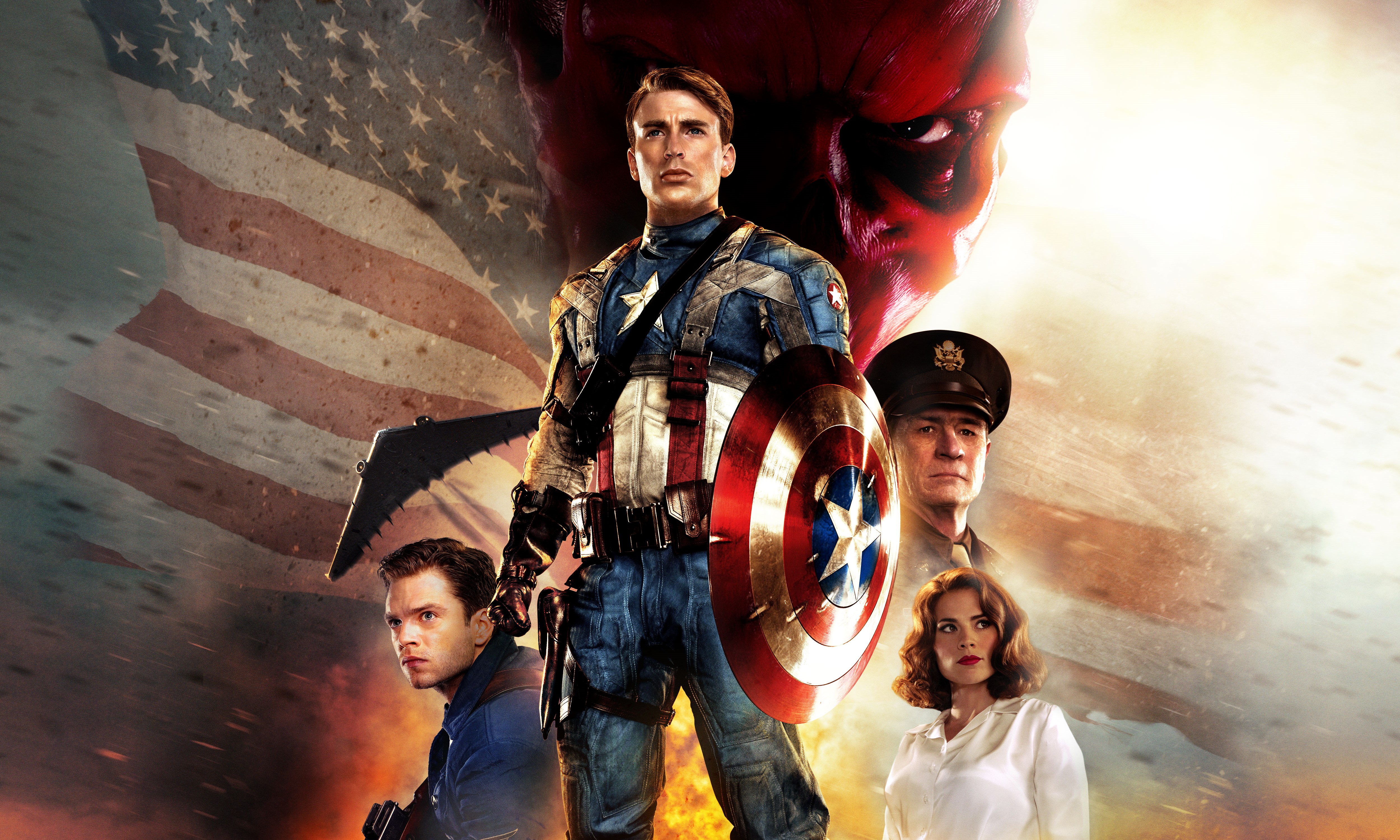 captain america, movie, captain america: the first avenger, bucky barnes, chris evans, hayley atwell, peggy carter, red skull (marvel comics), sebastian stan, steve rogers, superhero