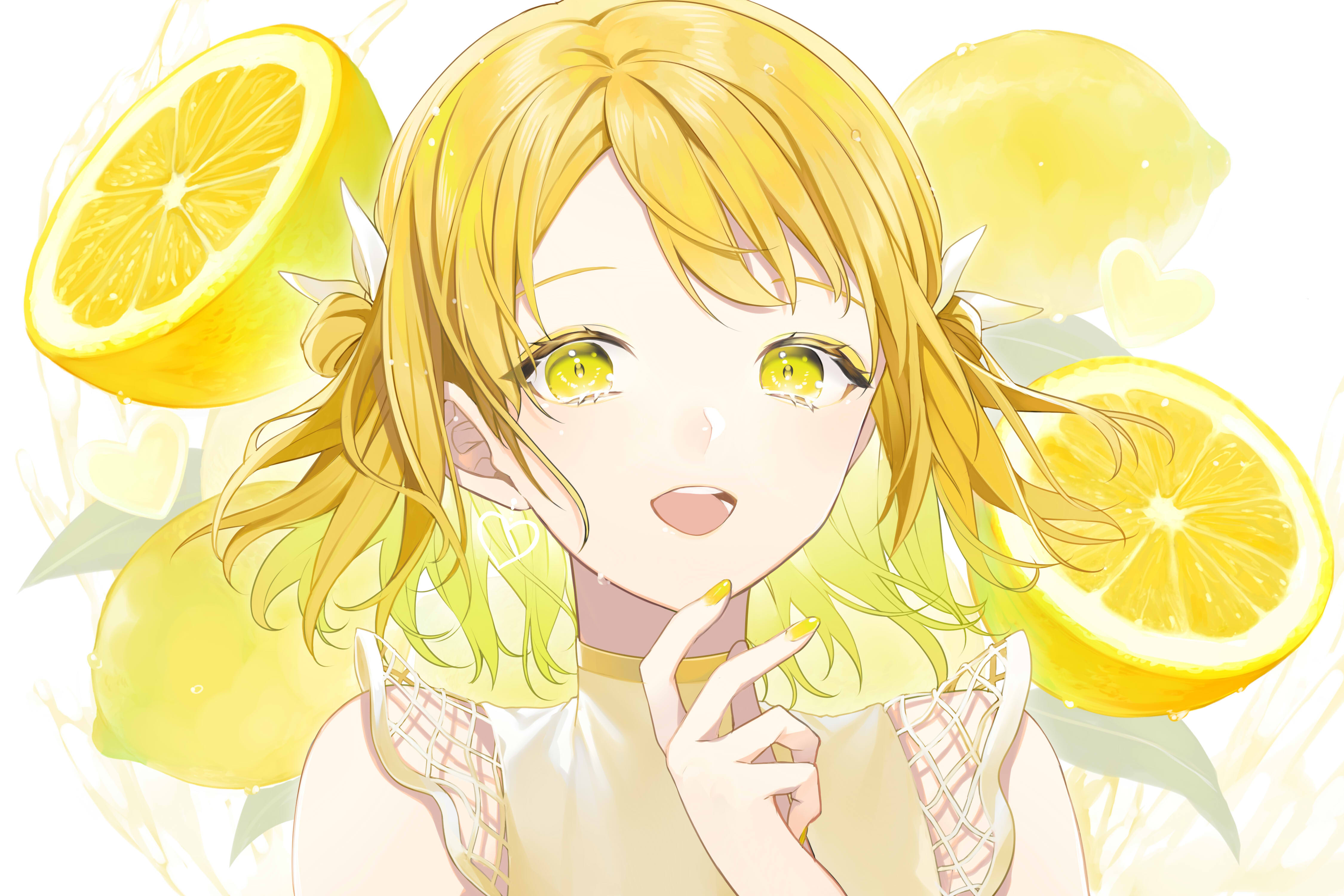 Download mobile wallpaper Anime, Girl, Lemon, Blonde, Yellow Eyes, Earrings, Short Hair for free.