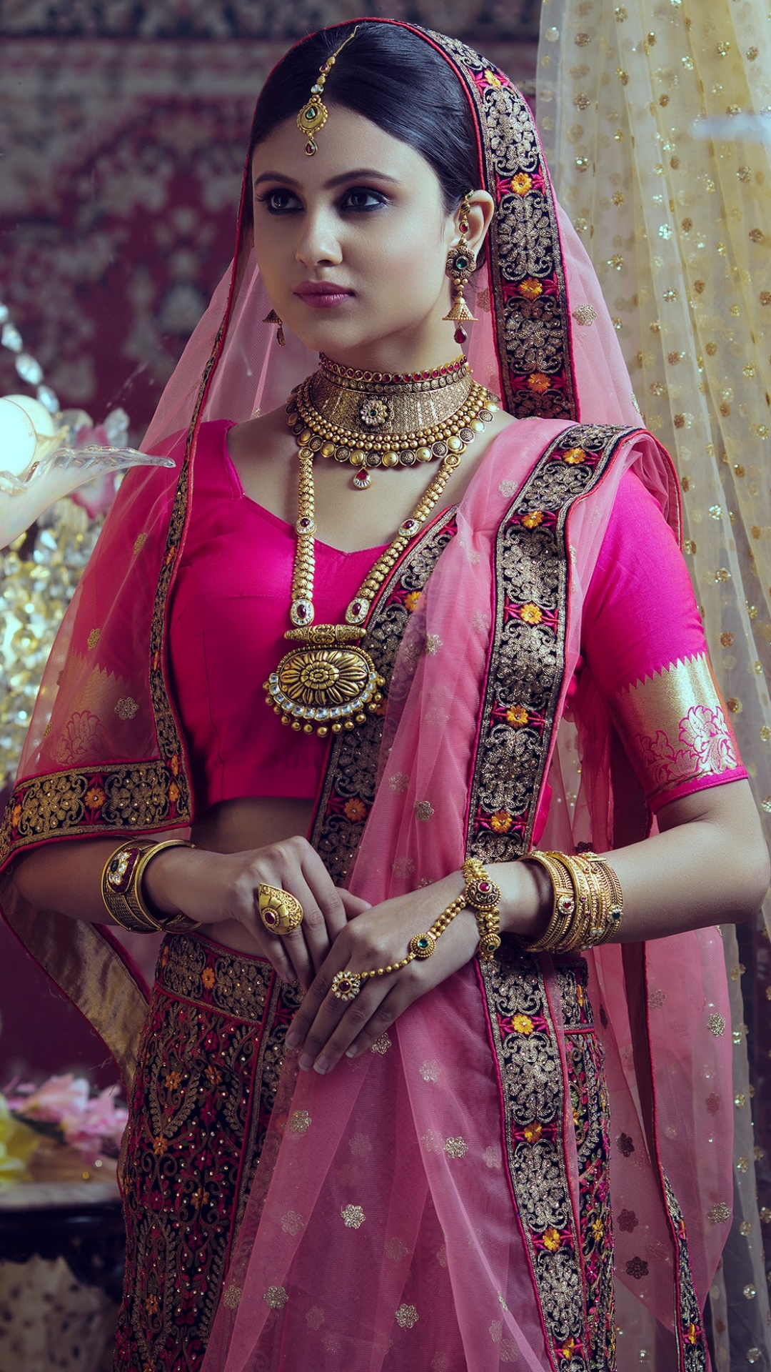 Download mobile wallpaper Jewelry, Model, Women, Makeup, Indian, Asian, Traditional Costume, Sari for free.