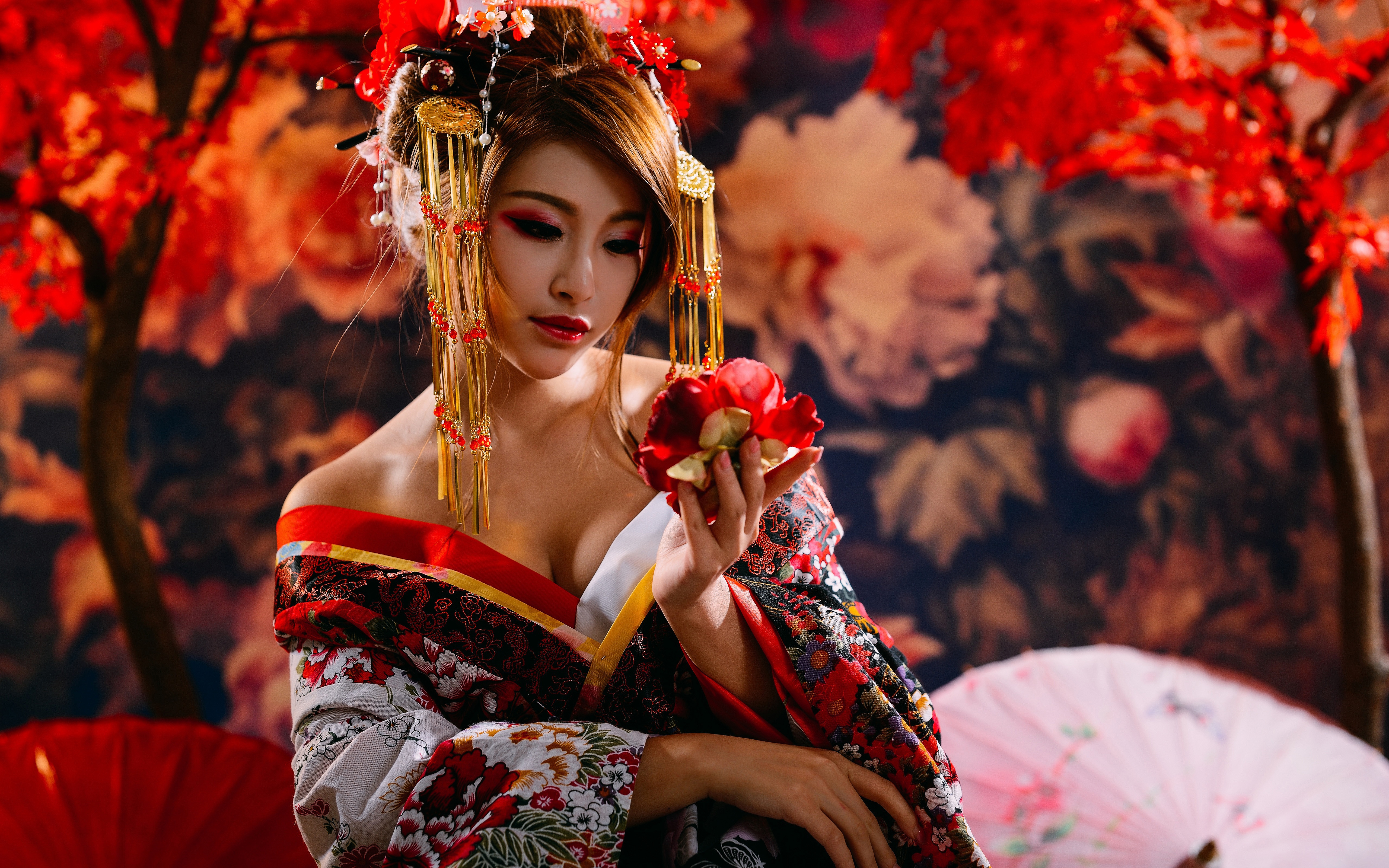 Download mobile wallpaper Kimono, Brunette, Model, Women, Headdress, Asian, Lipstick for free.
