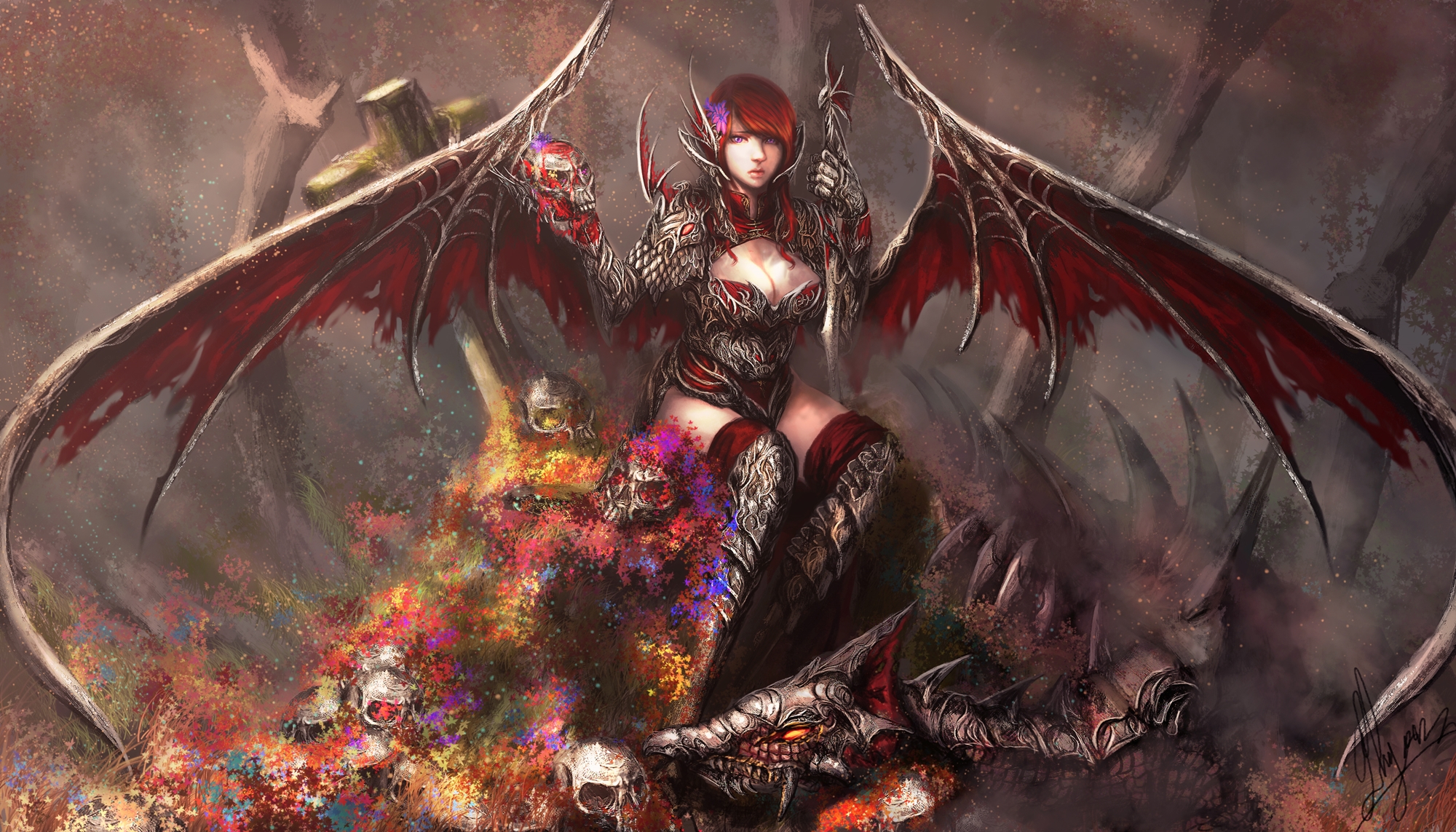 Download mobile wallpaper Fantasy, Wings, Dragon, Angel, Skull, Armor, Woman Warrior, Angel Warrior for free.