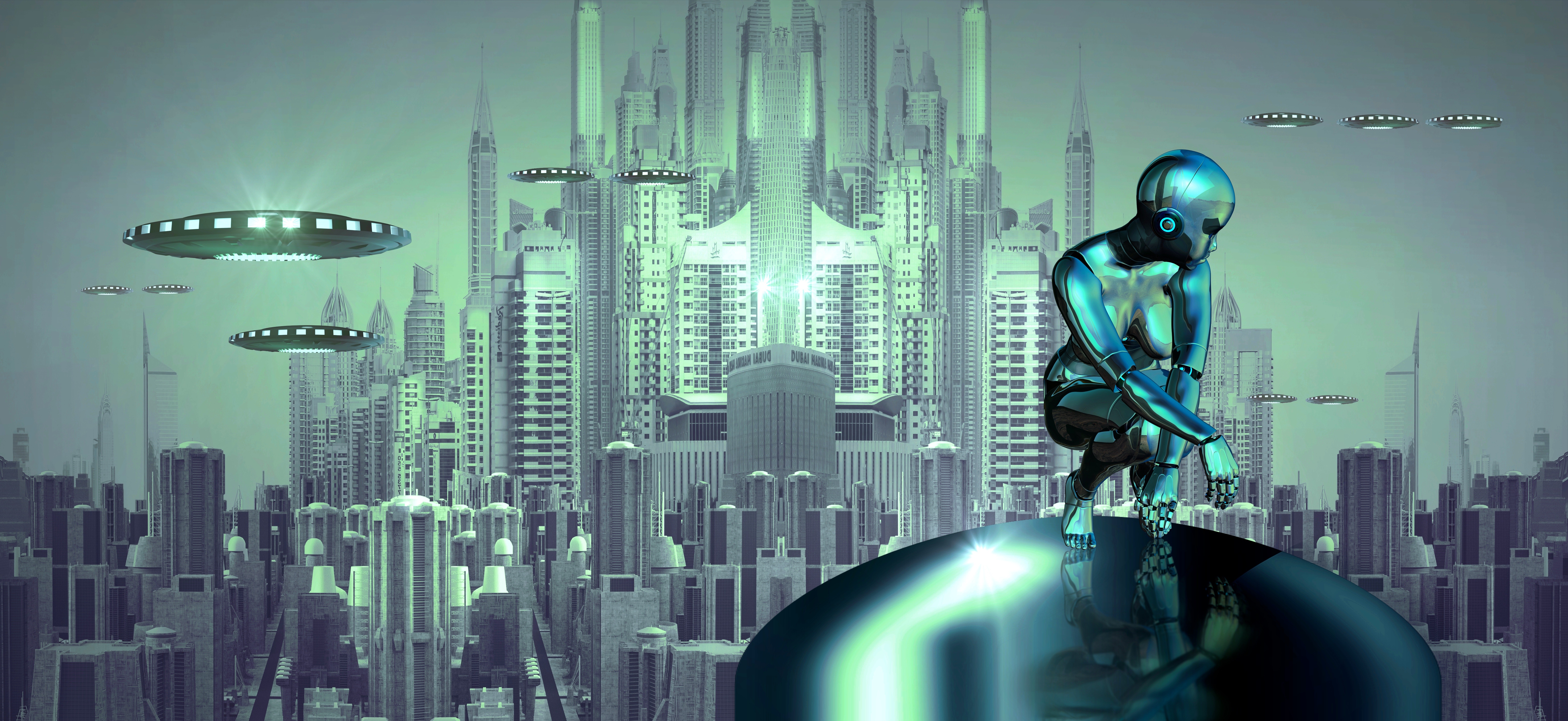 Free download wallpaper City, Robot, Sci Fi, Spaceship on your PC desktop