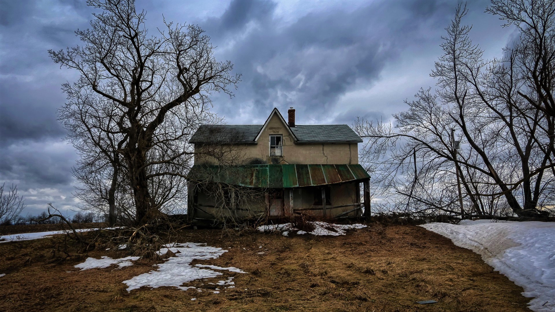 Download mobile wallpaper Winter, House, Old, Cloud, Ruin, Abandoned, Man Made for free.