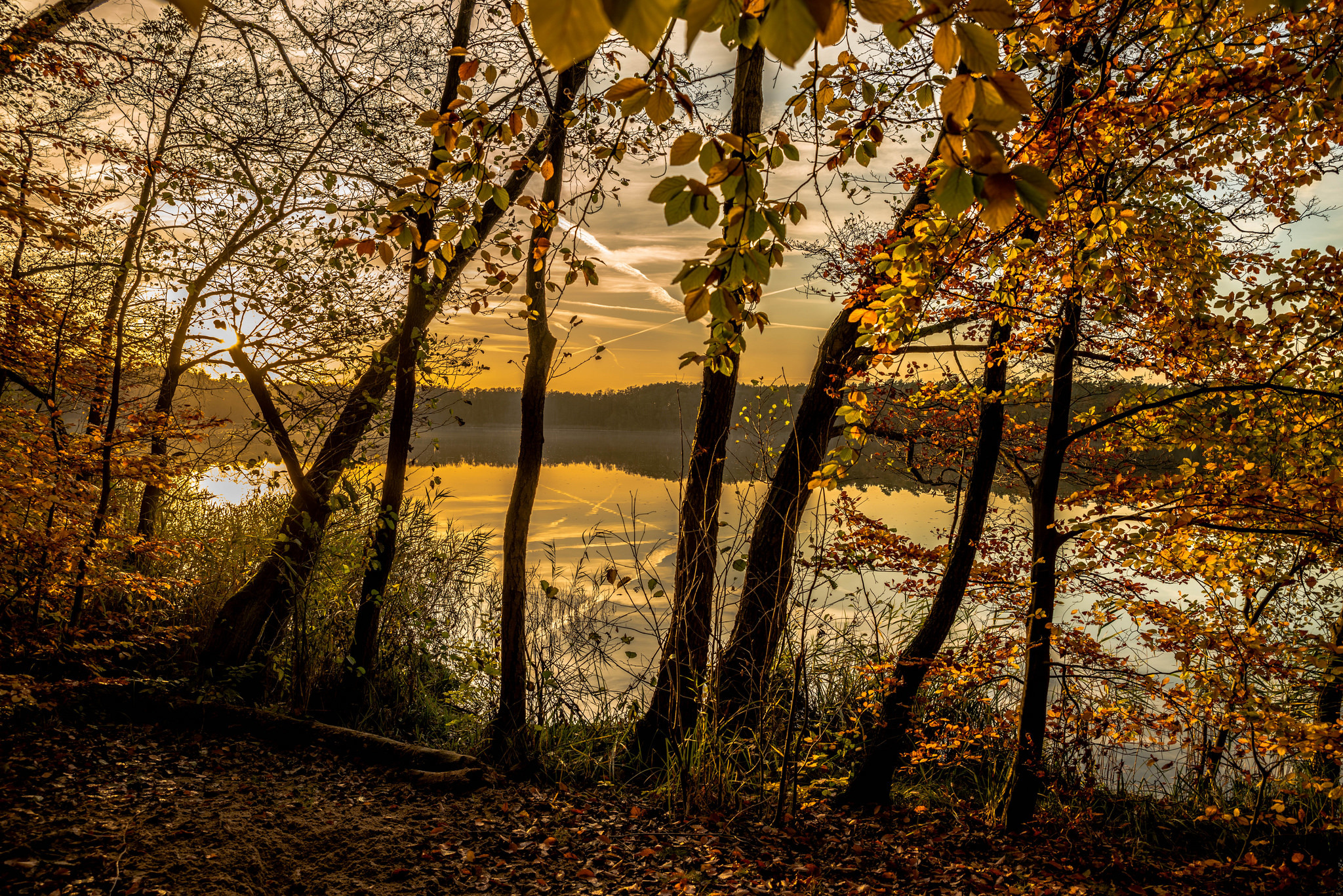Handy-Wallpaper Natur, Herbst, Seen, See, Sonnenuntergang, Erde/natur, Spiegelung kostenlos herunterladen.