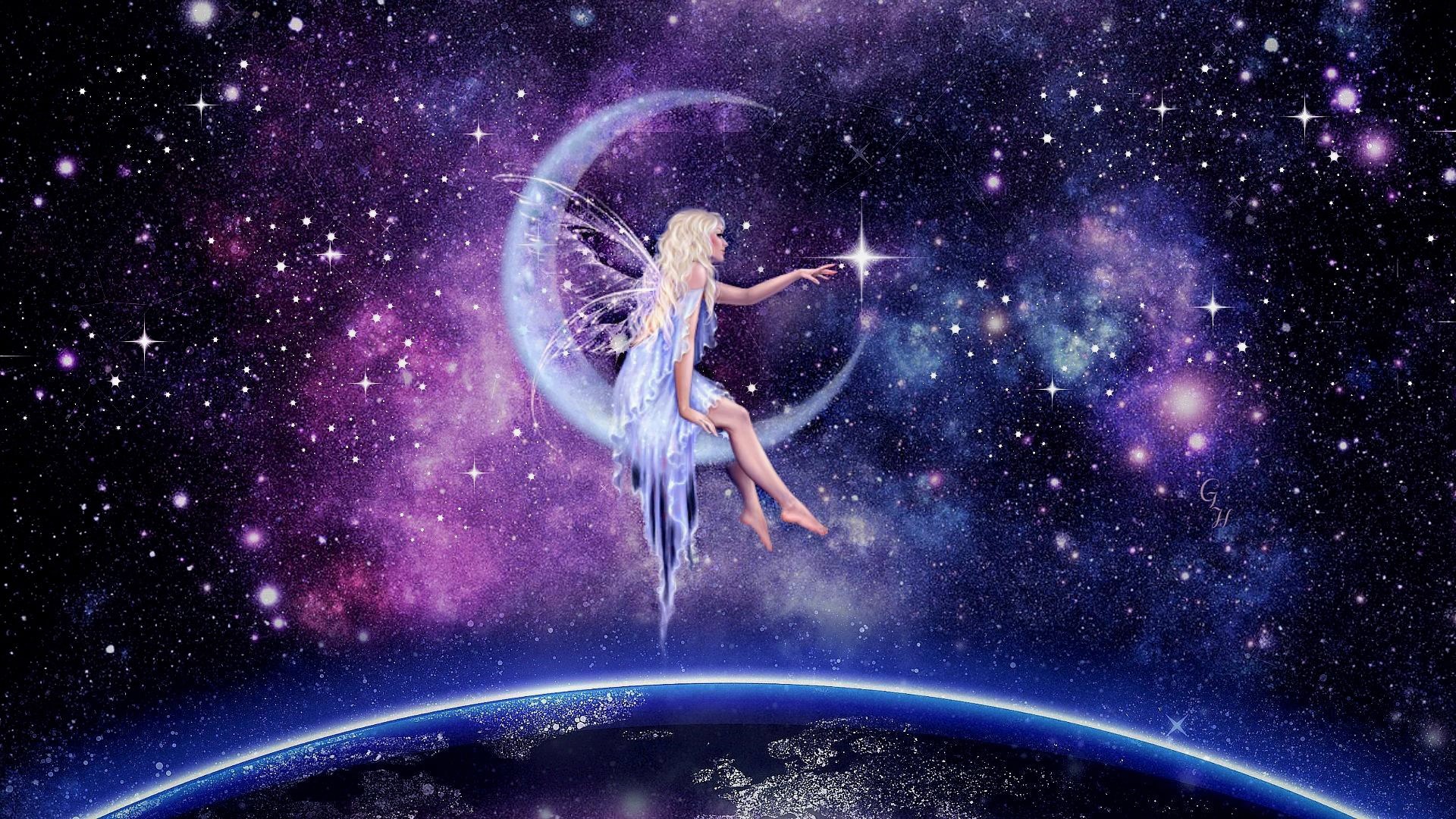 Download mobile wallpaper Fantasy, Moon, Blonde, Fairy for free.