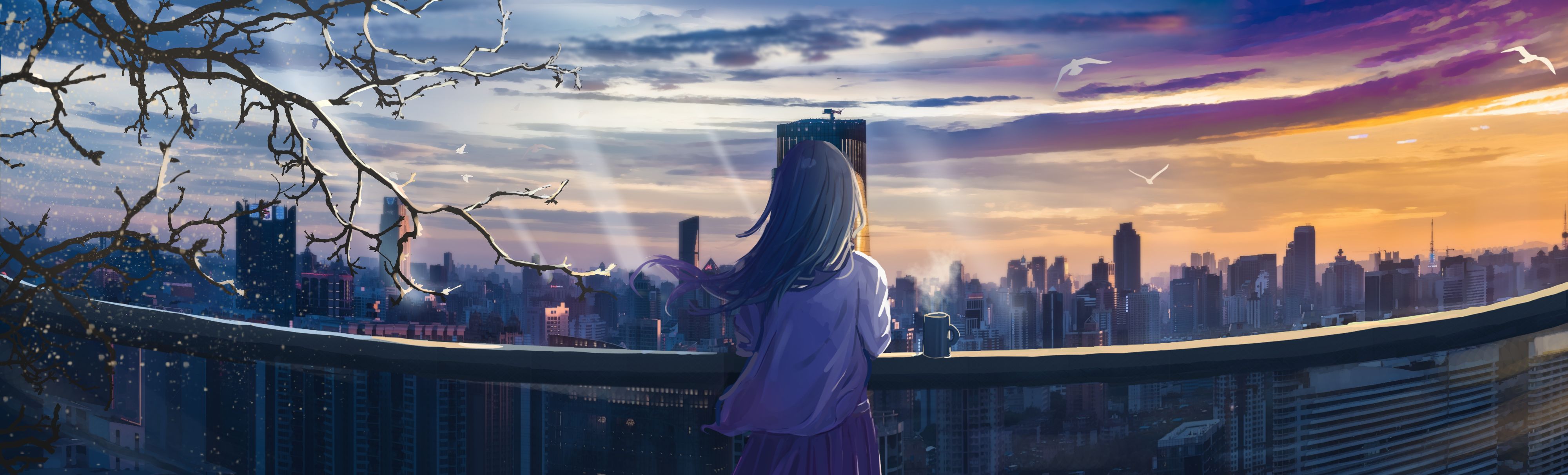 Free download wallpaper Anime, Sunset, City, Bird, Original, Long Hair, Brown Hair on your PC desktop