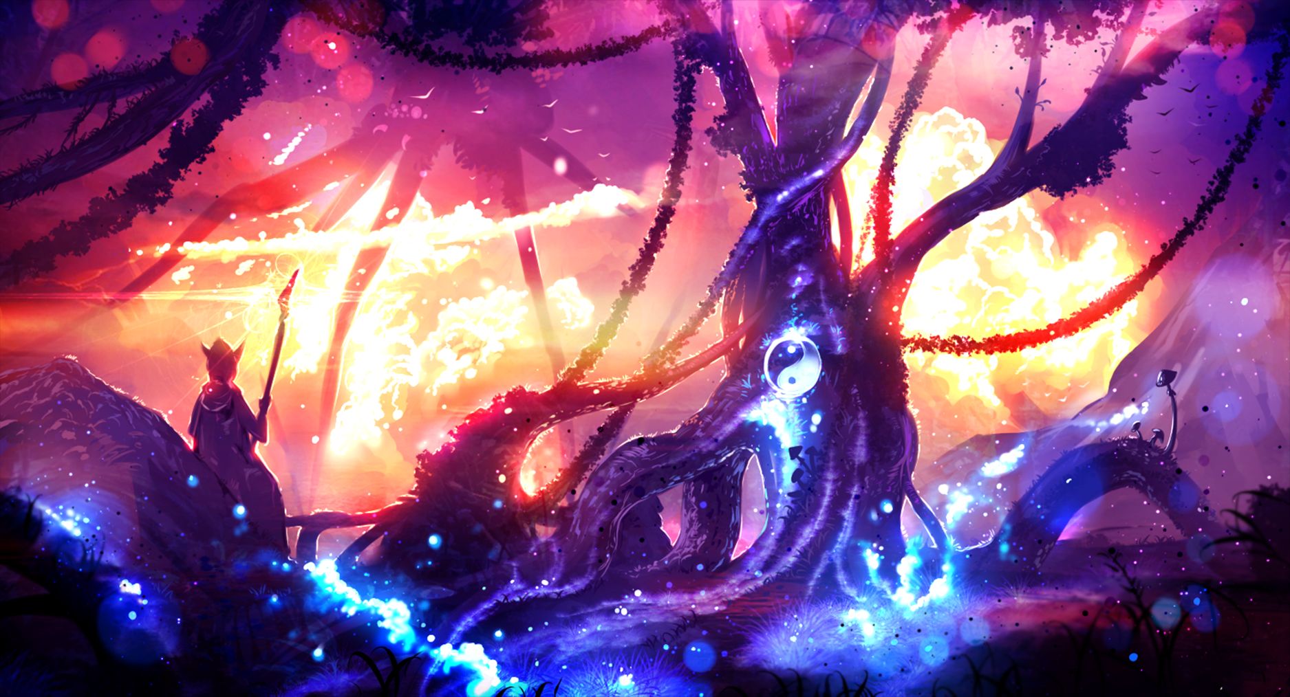 Free download wallpaper Anime, People, Fantasy, Light, Tree, Sunlight, Original on your PC desktop