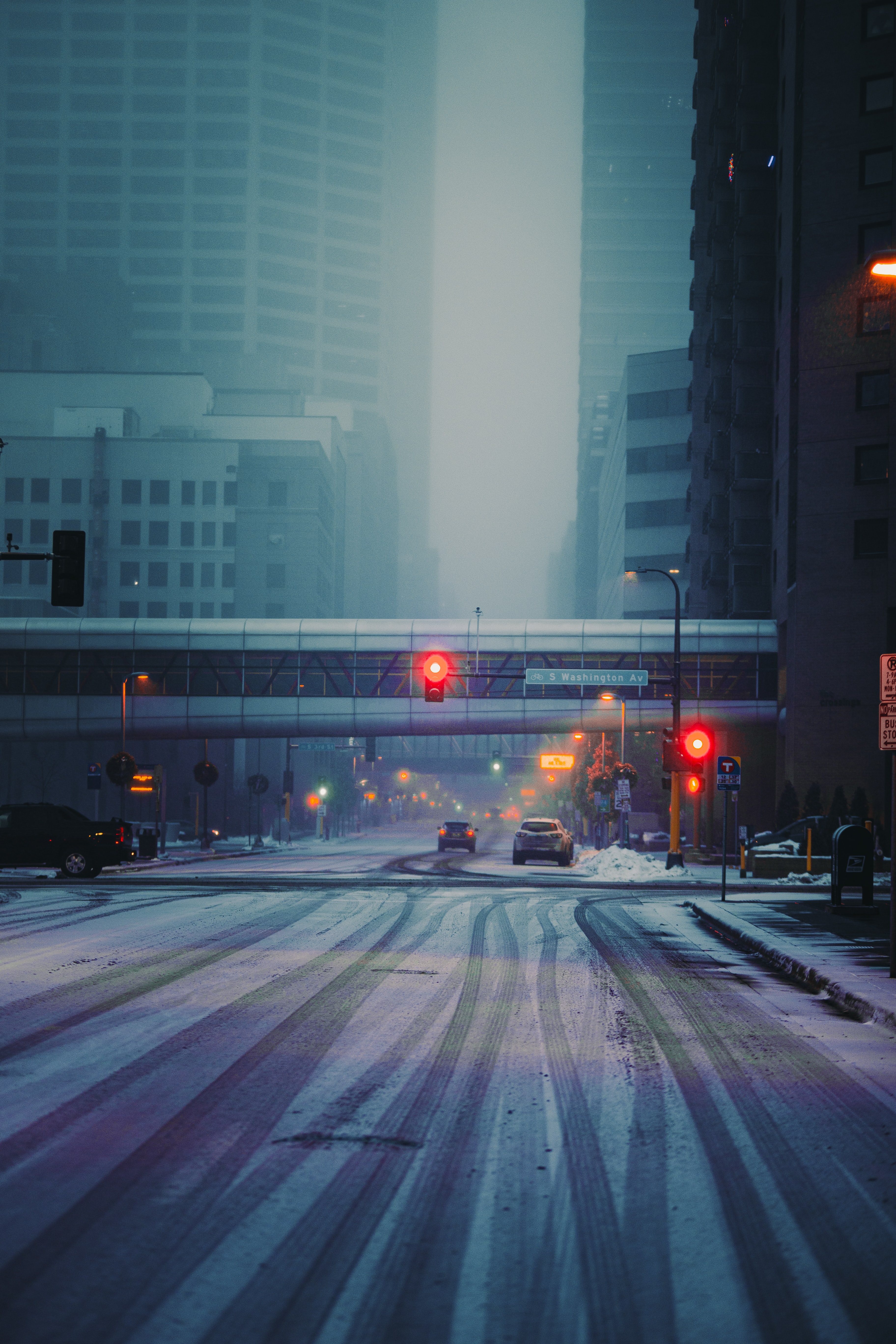 snow, street, cars, cities, city, building Full HD