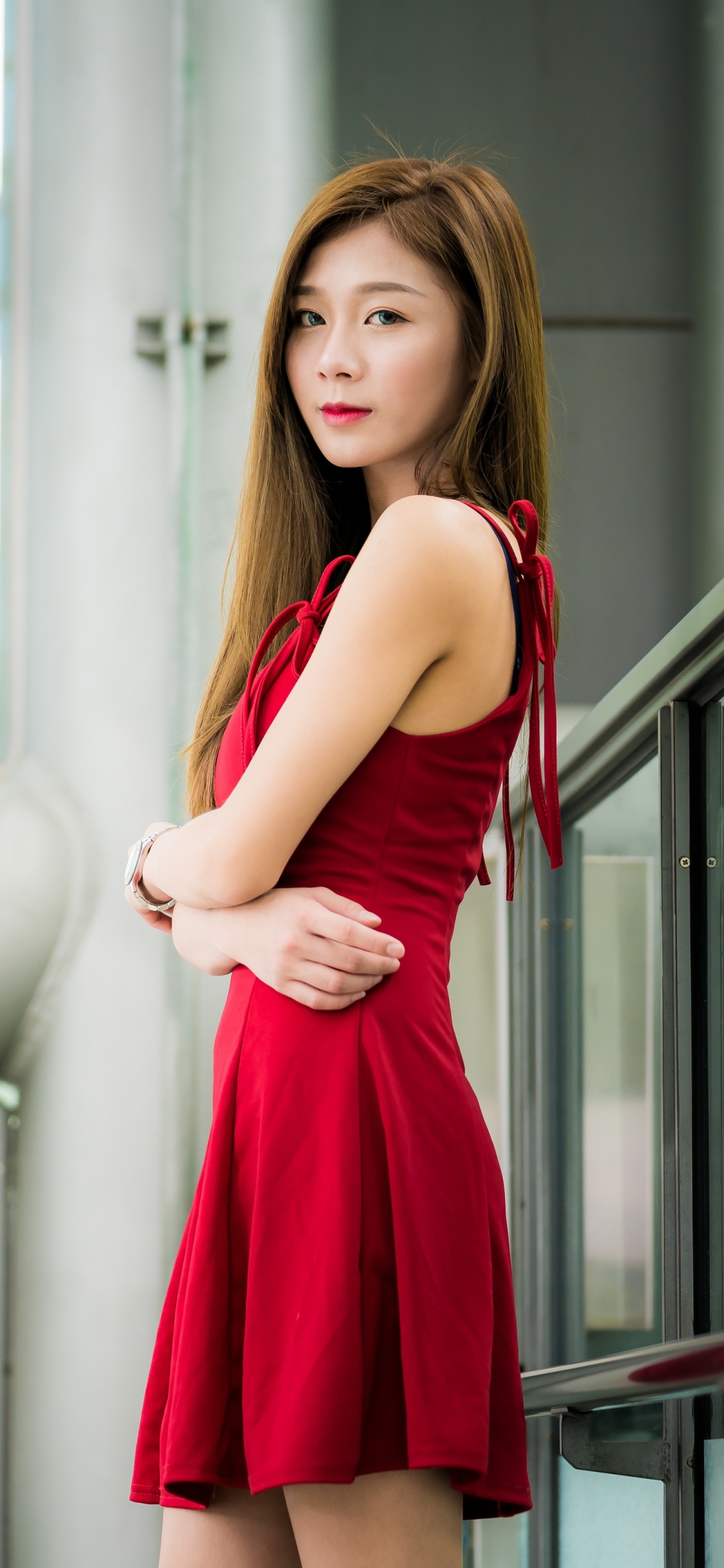 Download mobile wallpaper Brunette, Model, Women, Asian, Long Hair, Red Dress for free.