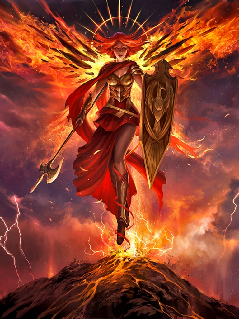 Download mobile wallpaper Fantasy, Fire, Lightning, Weapon, Flame, Shield, Wings, Angel, Magic: The Gathering, Woman Warrior, Orange Hair, Angel Warrior for free.