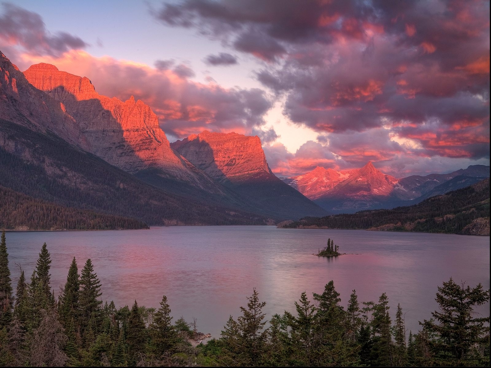 無料モバイル壁紙日没, スカイ, 山脈, 湖, 風景をダウンロードします。