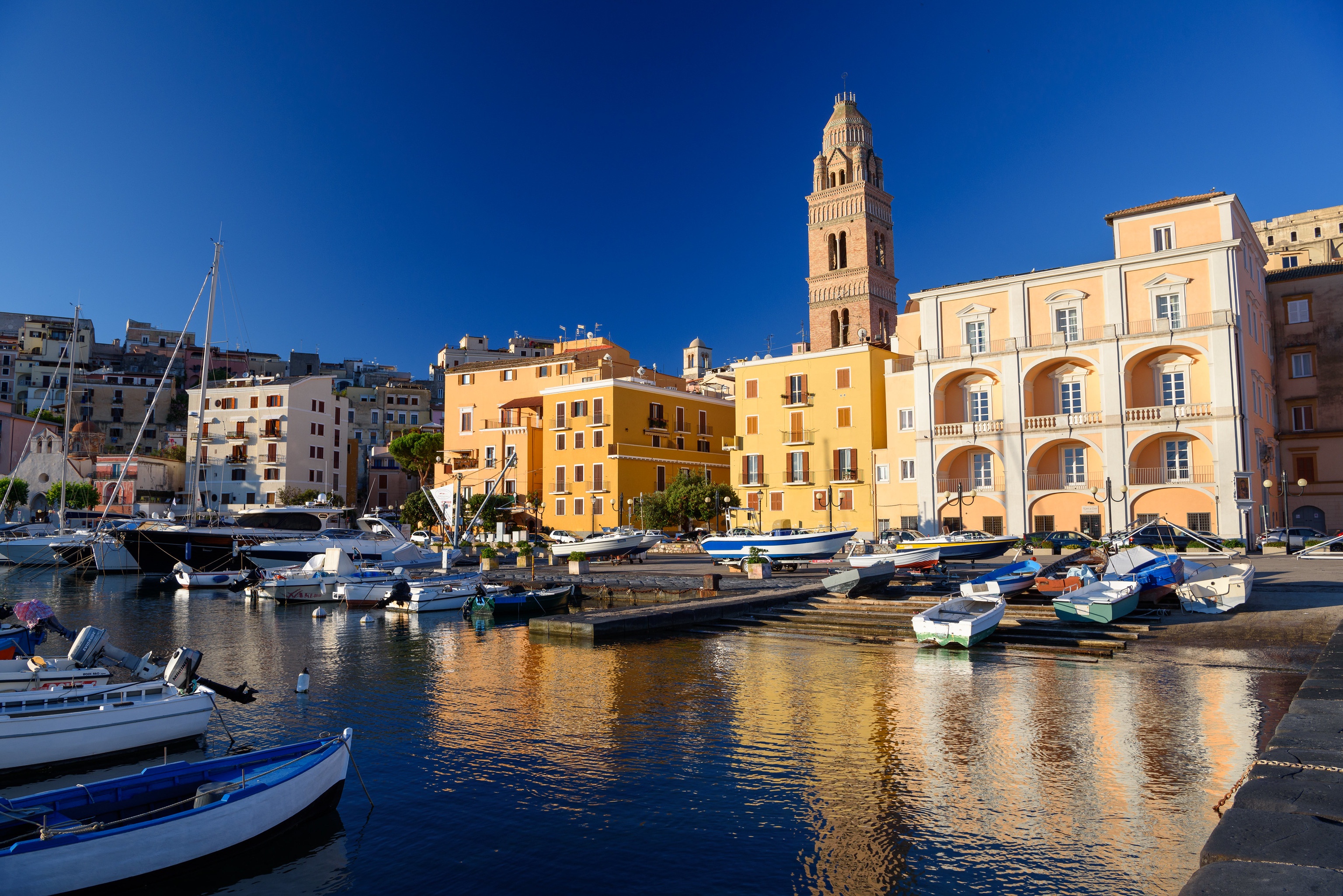 Download mobile wallpaper Italy, House, Harbor, Town, Bell Tower, Man Made, Gaeta, Towns for free.