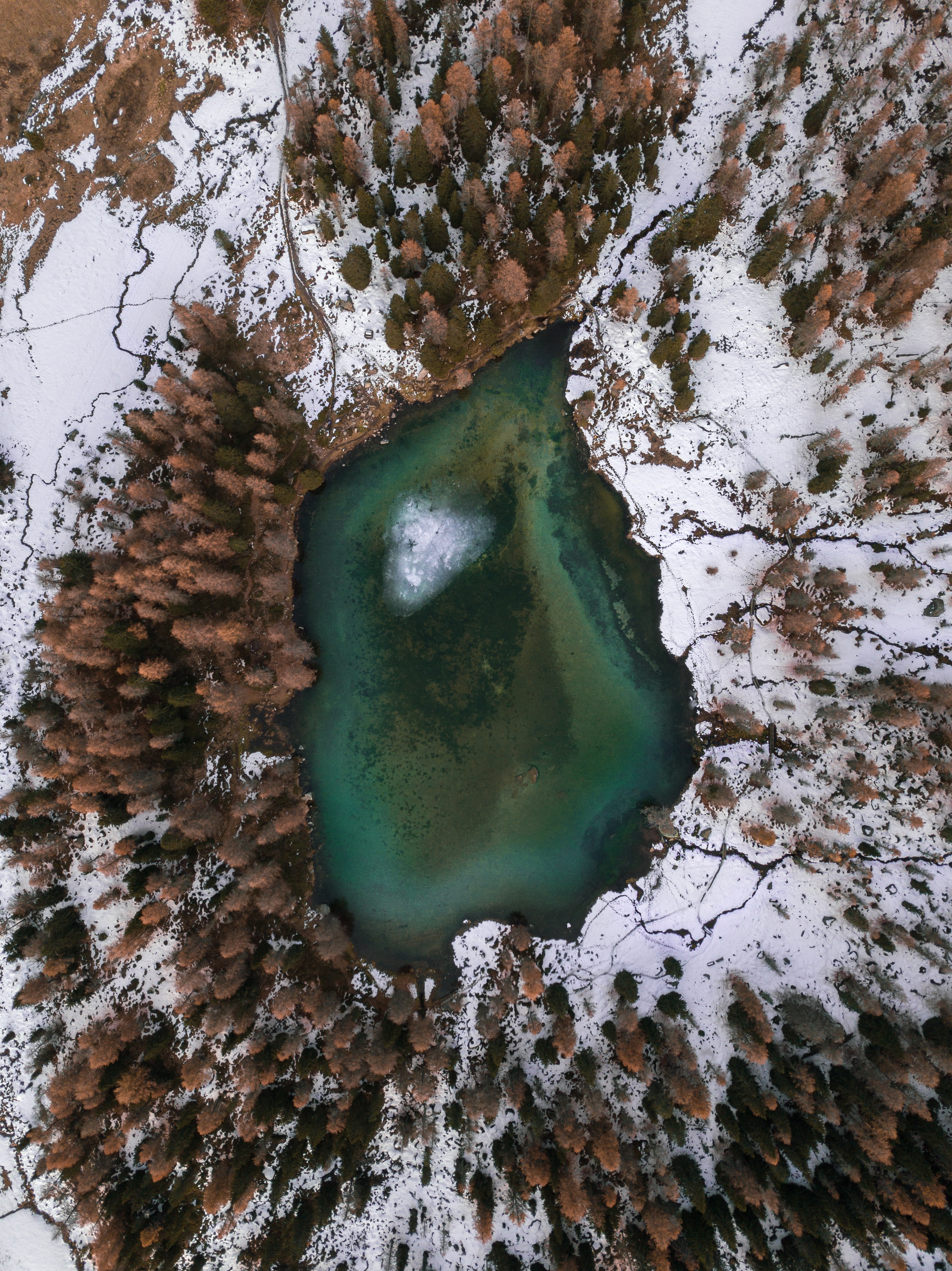 Download mobile wallpaper Snow, Lake, Trees, View From Above, Winter, Nature for free.