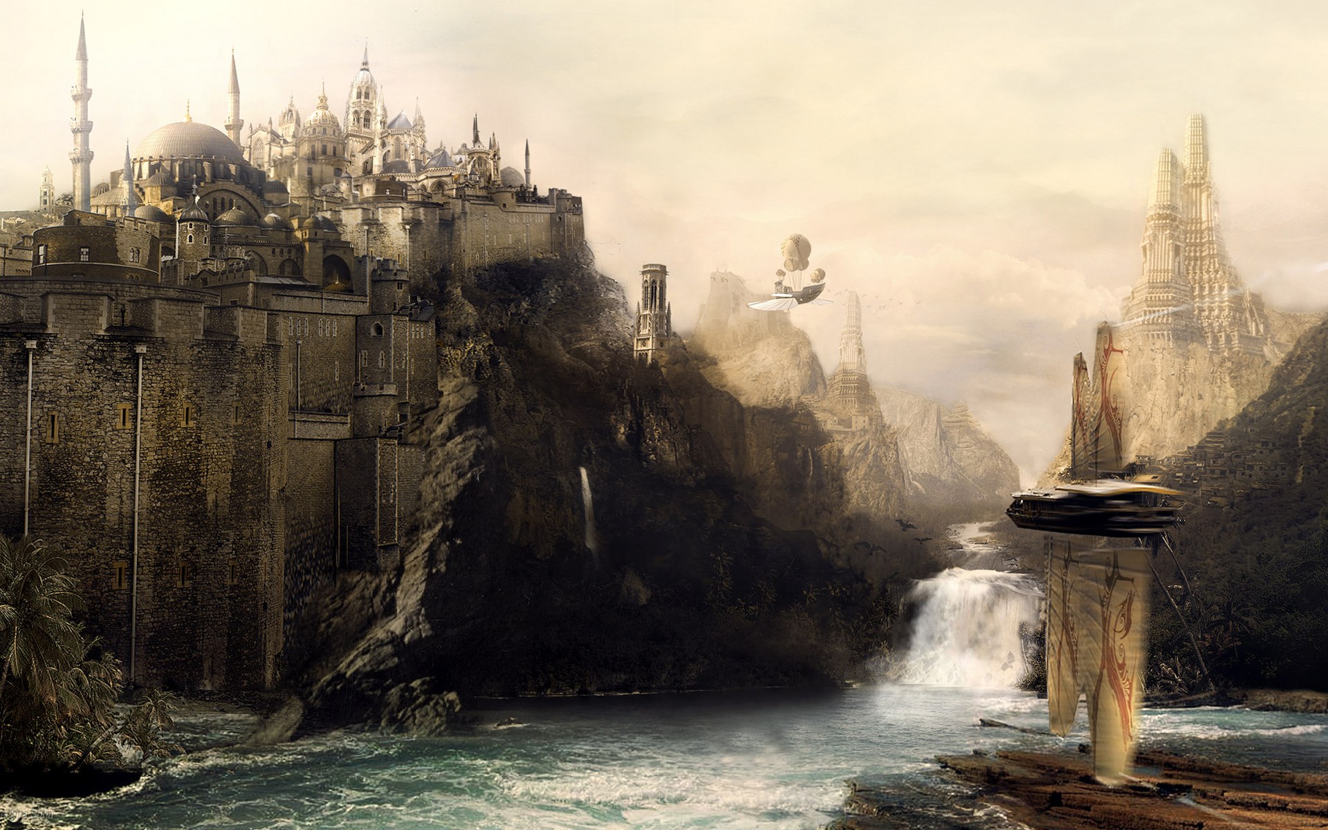 waterfall, ship, fantasy, city