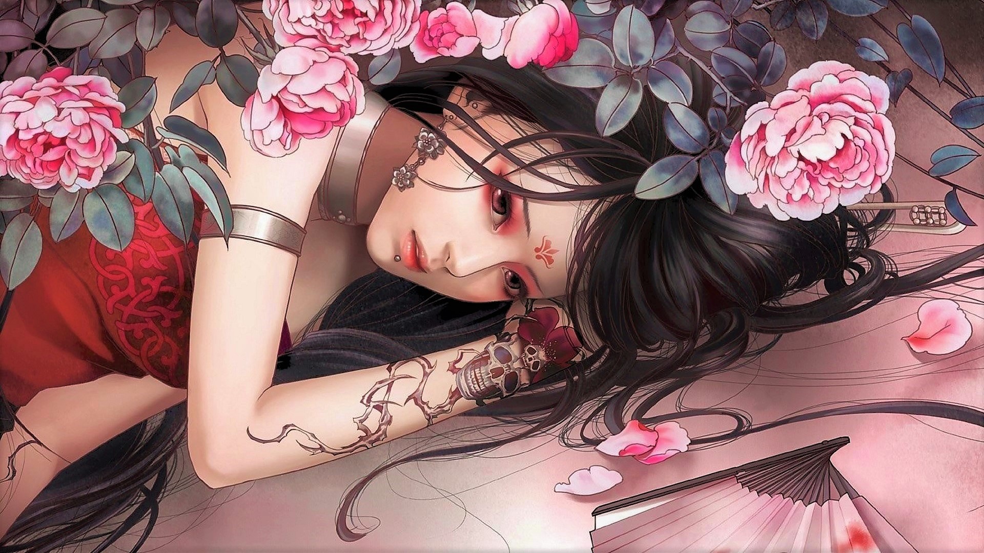 Free download wallpaper Fantasy, Rose, Tattoo, Skull, Fan, Women, Asian, Lying Down, Pink Rose on your PC desktop