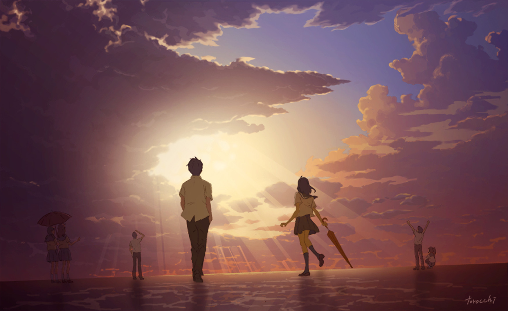 Handy-Wallpaper Sonnenaufgang, Regenschirm, Wolke, Original, Himmel, Animes kostenlos herunterladen.