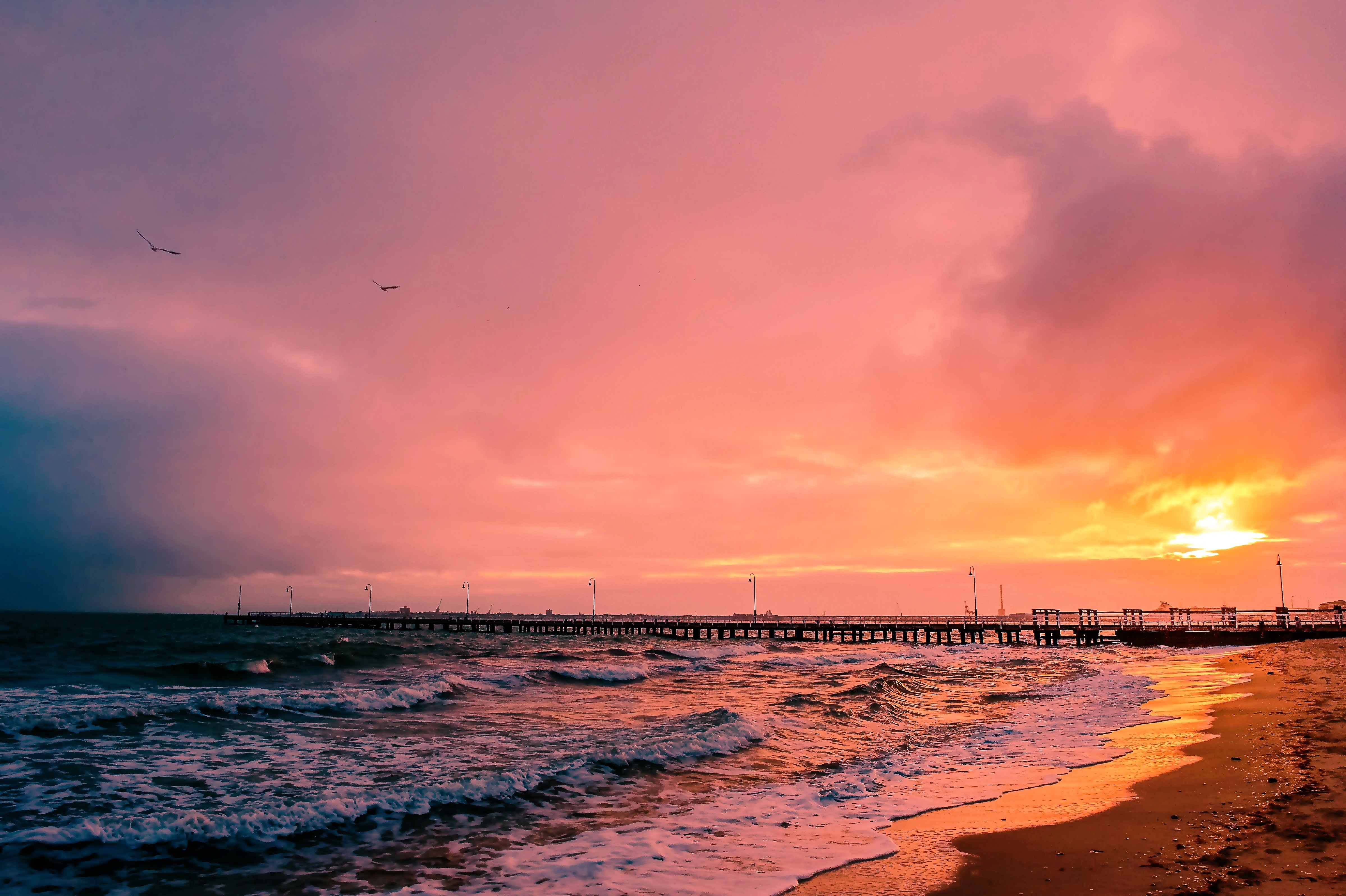 pier, sunset, landscape, nature, sea Full HD