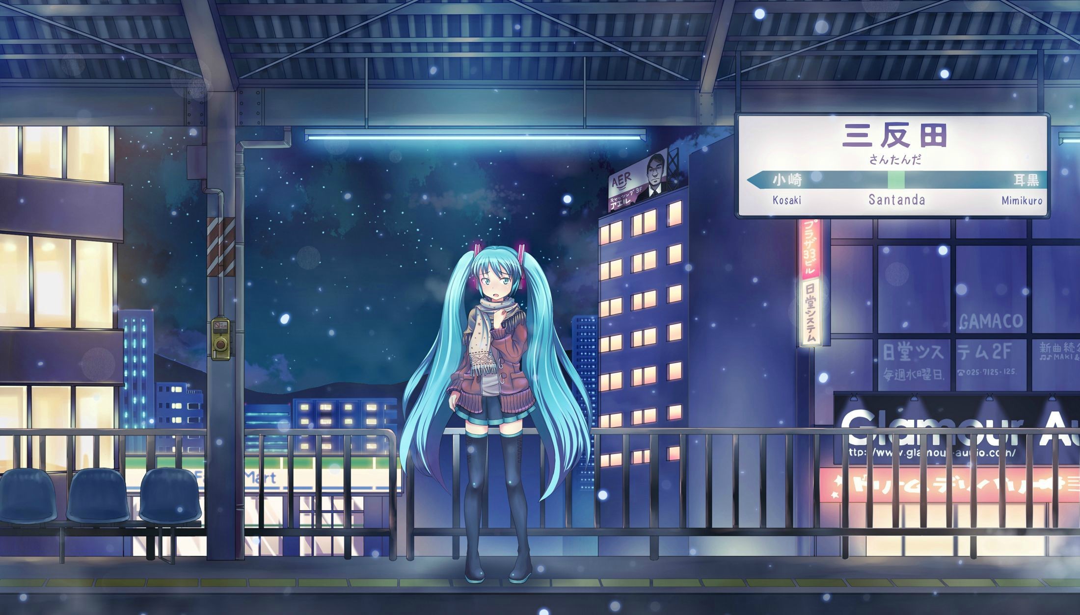 Laden Sie das Bahnhof, Vocaloid, Nacht, Schal, Blaue Haare, Hatsune Miku, Animes, Lange Haare, Aqua Augen, Twintails-Bild kostenlos auf Ihren PC-Desktop herunter