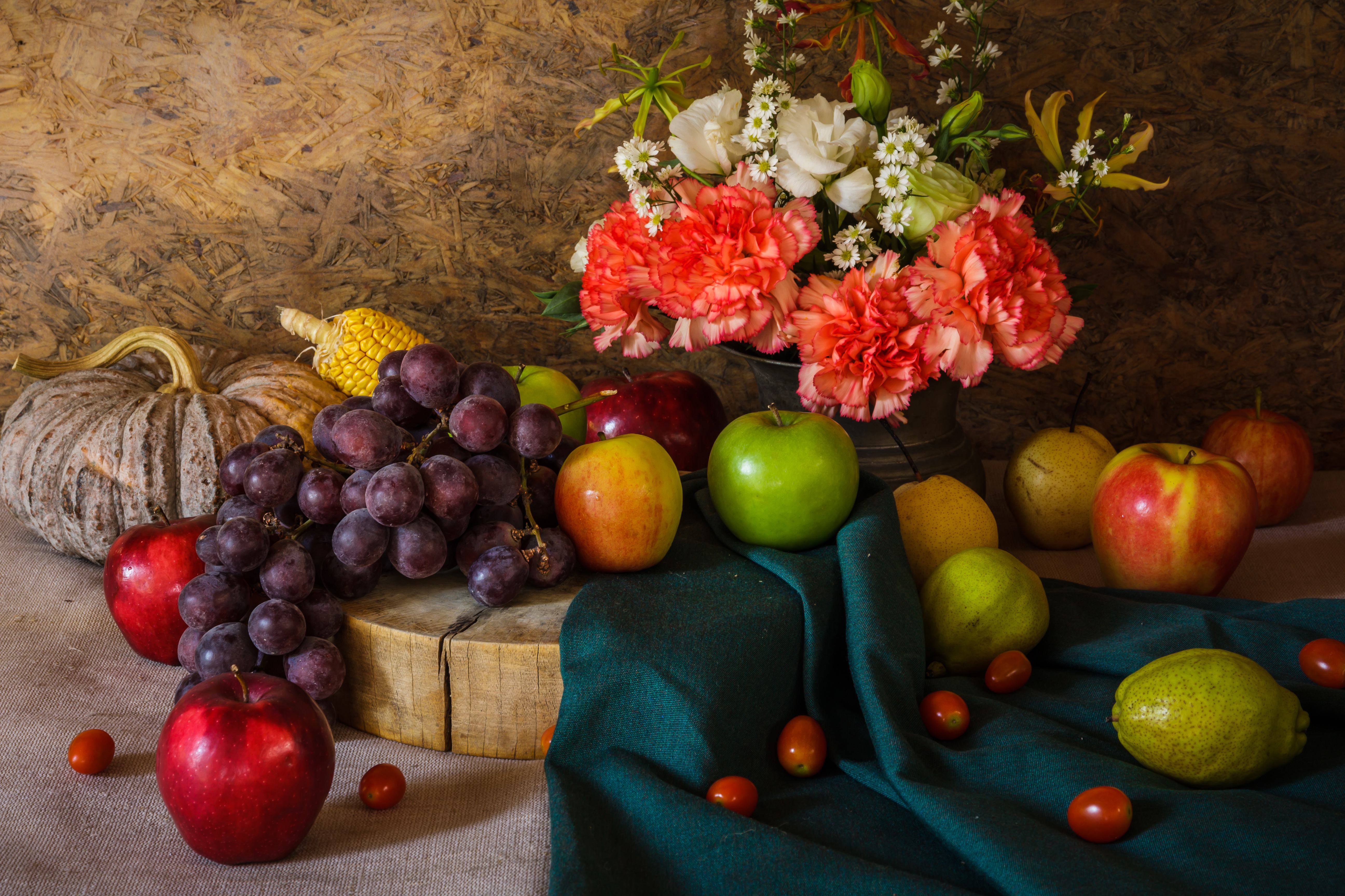 Download mobile wallpaper Food, Apple, Grapes, Still Life, Flower, Fruit, Carnation, Pear for free.