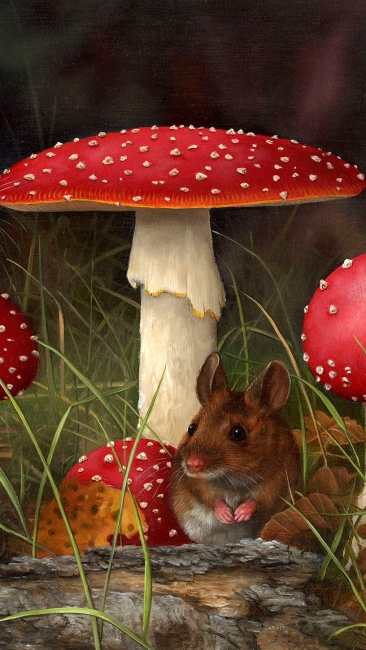 Download mobile wallpaper Nature, Fall, Mushroom, Mouse, Painting, Artistic for free.