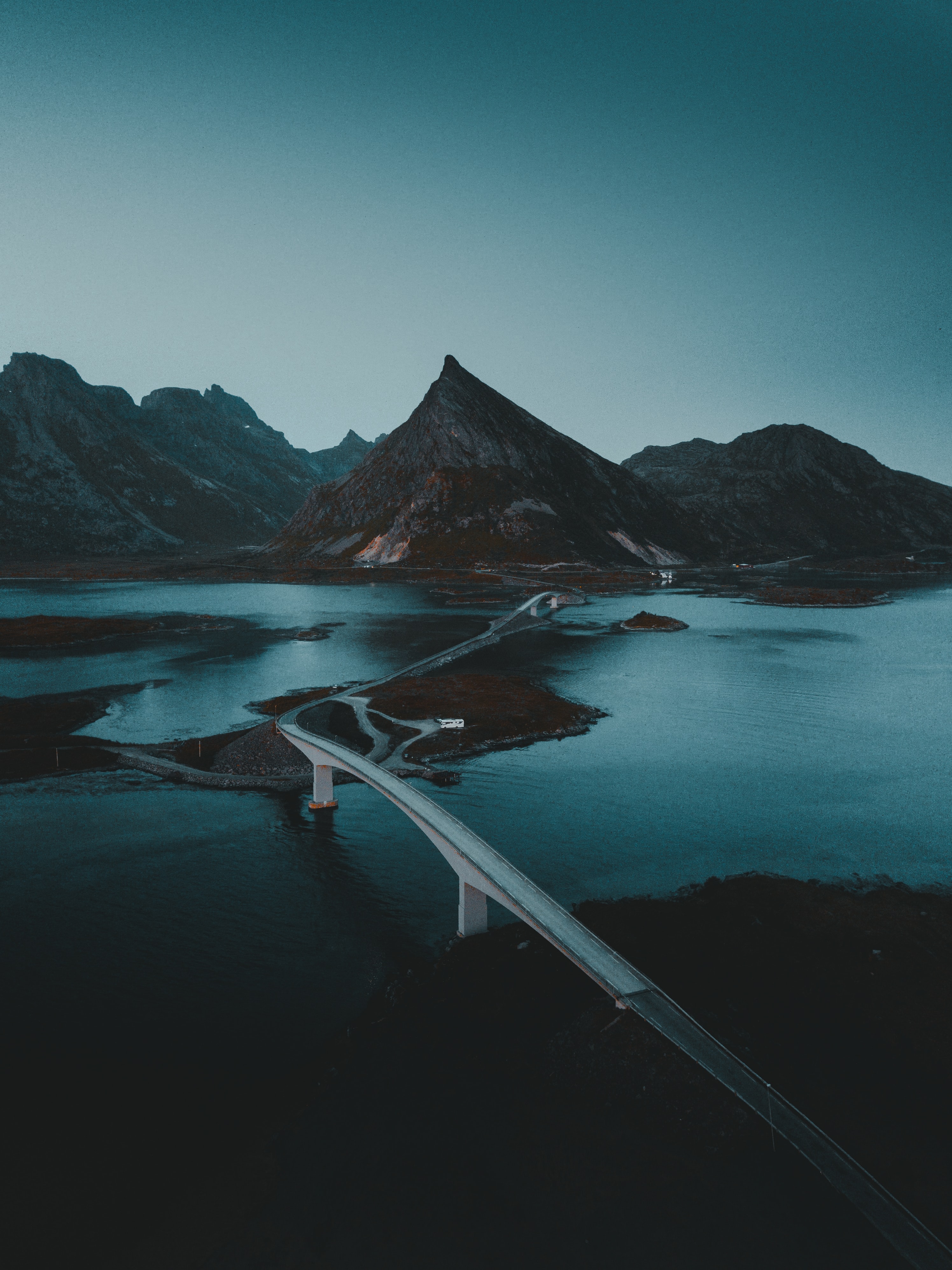 road, nature, water, mountains, bridge, darkness desktop HD wallpaper