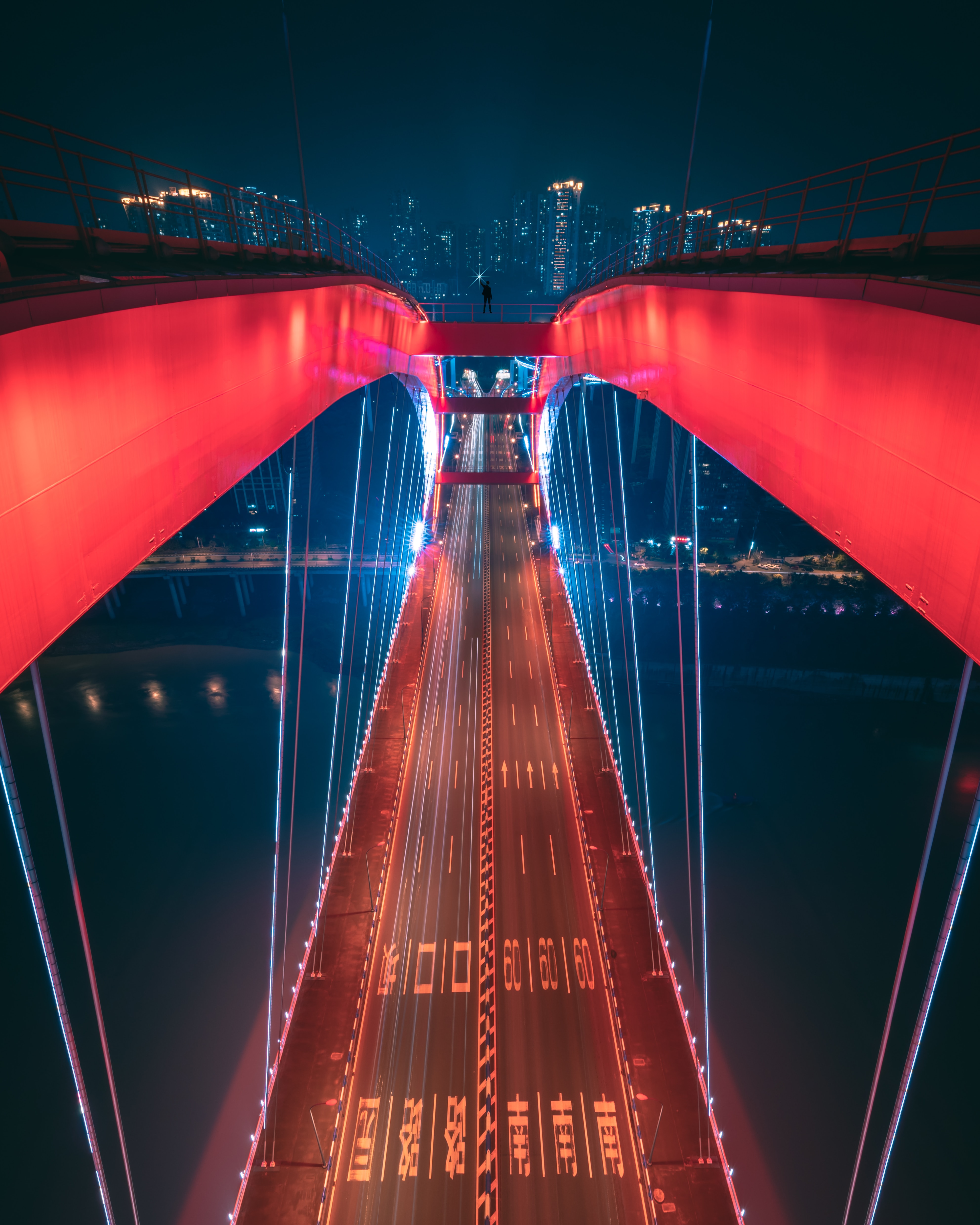 Download mobile wallpaper City, Construction, Bridge, Cities, View From Above, Design, Illumination, Backlight for free.