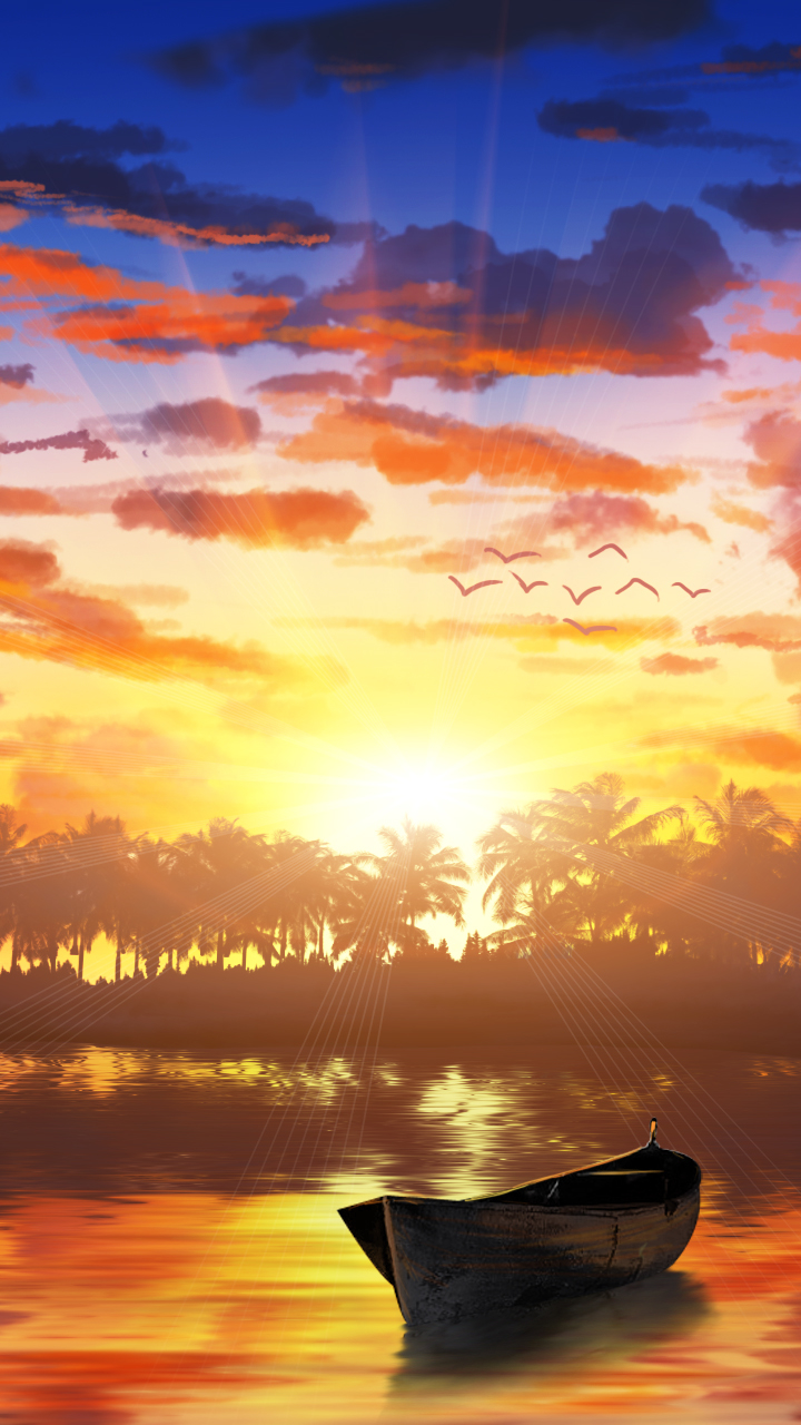 Download mobile wallpaper Anime, Sunset, Lake, Boat, Original for free.