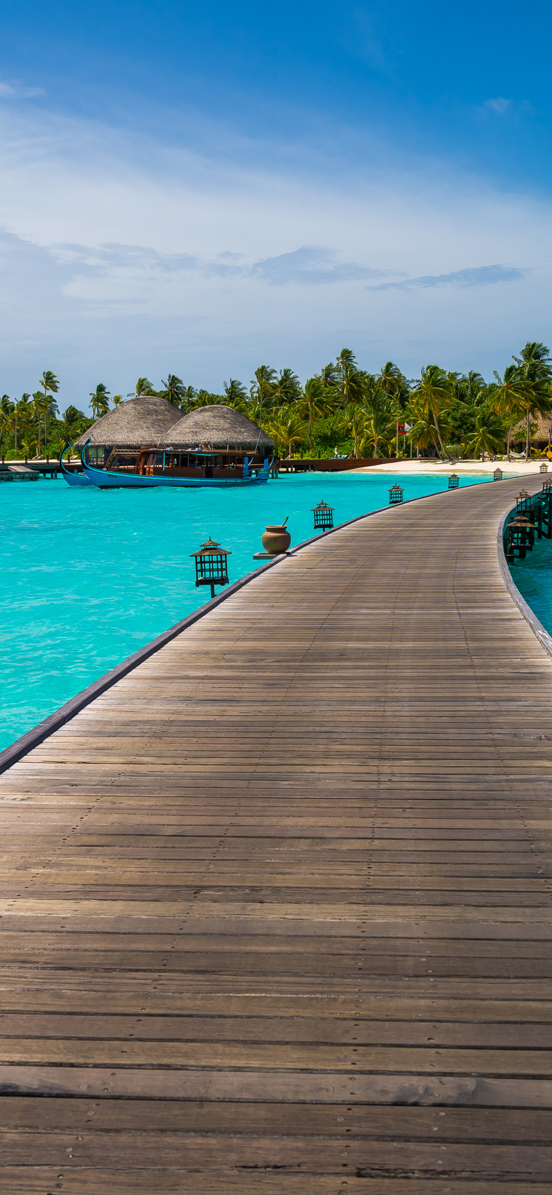 Download mobile wallpaper Sea, Pier, Wooden, Ocean, Island, Tropical, Maldives, Man Made, Palm Tree for free.