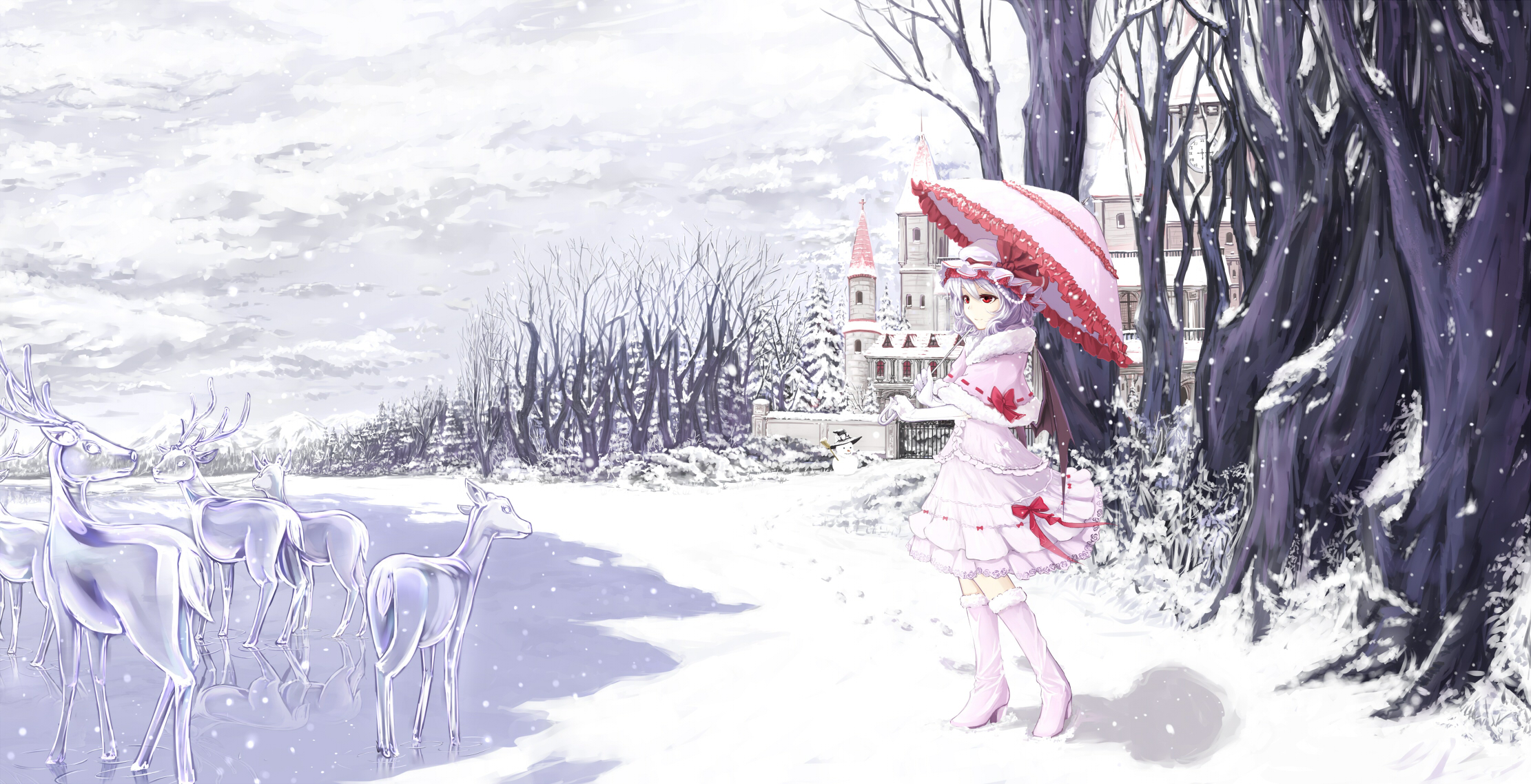Free download wallpaper Anime, Tree, Umbrella, Hat, Snowfall, Blue Hair, Red Eyes, Remilia Scarlet, Touhou, Short Hair, Bow (Clothing), Pink Dress on your PC desktop