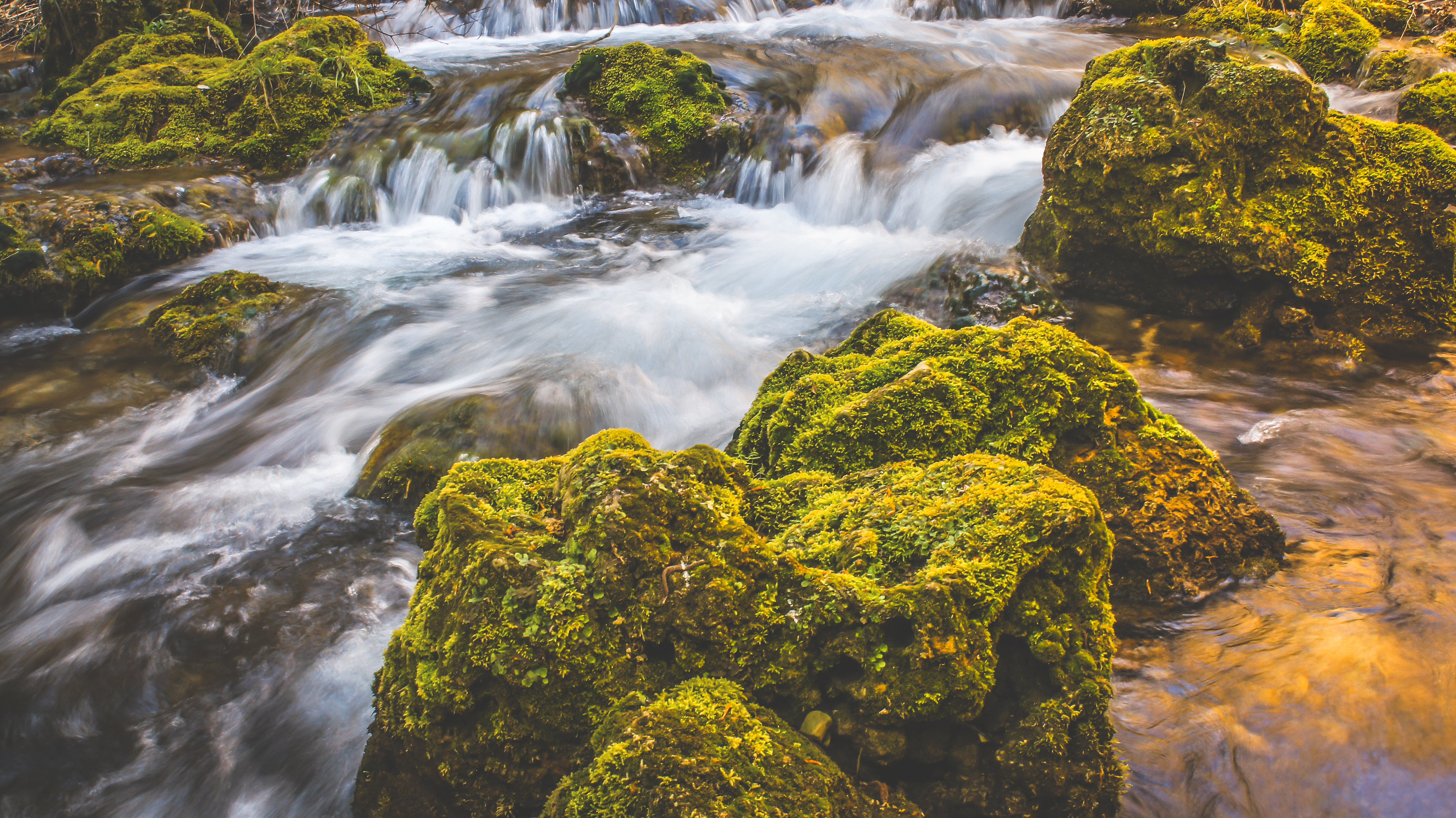 Download mobile wallpaper Stones, Waterfall, Flow, Nature, Moss for free.