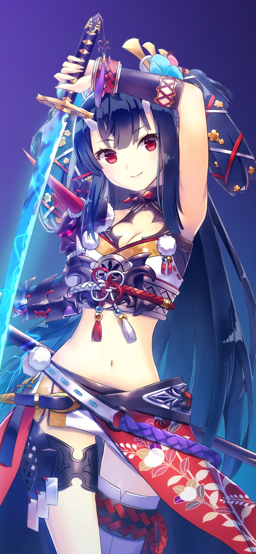 Download mobile wallpaper Anime, Girl, Horns, Sword, Red Eyes, Long Hair for free.