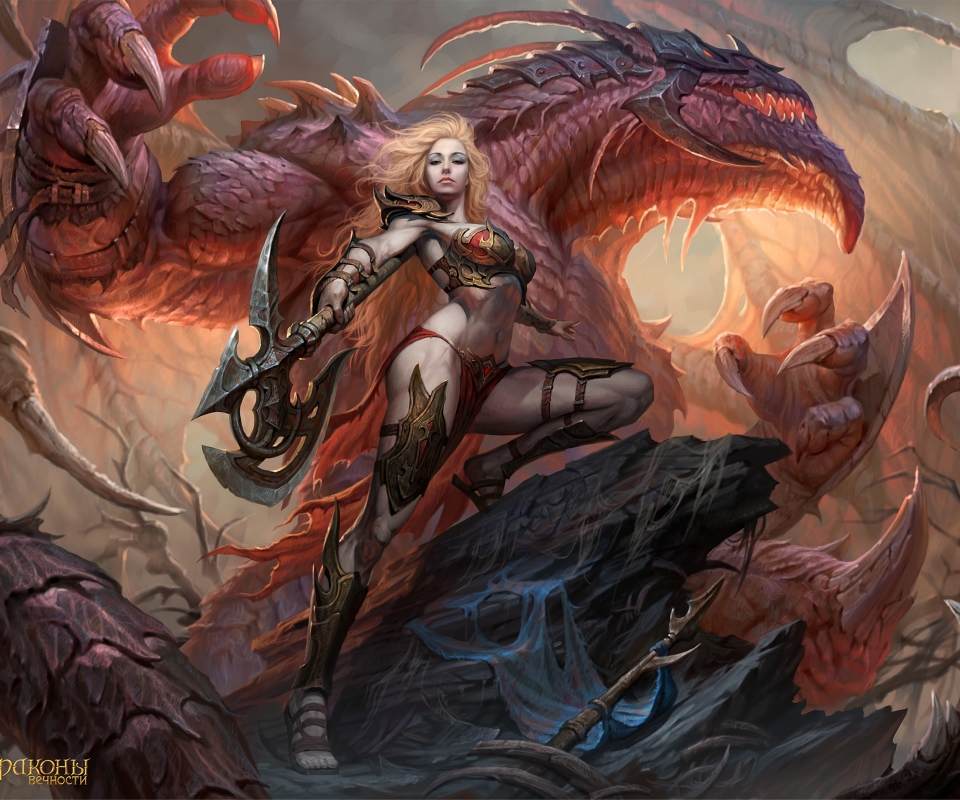Free download wallpaper Fantasy, Weapon, Dragon, Blonde, Axe, Video Game, Woman Warrior, Dragons Of Eternity on your PC desktop