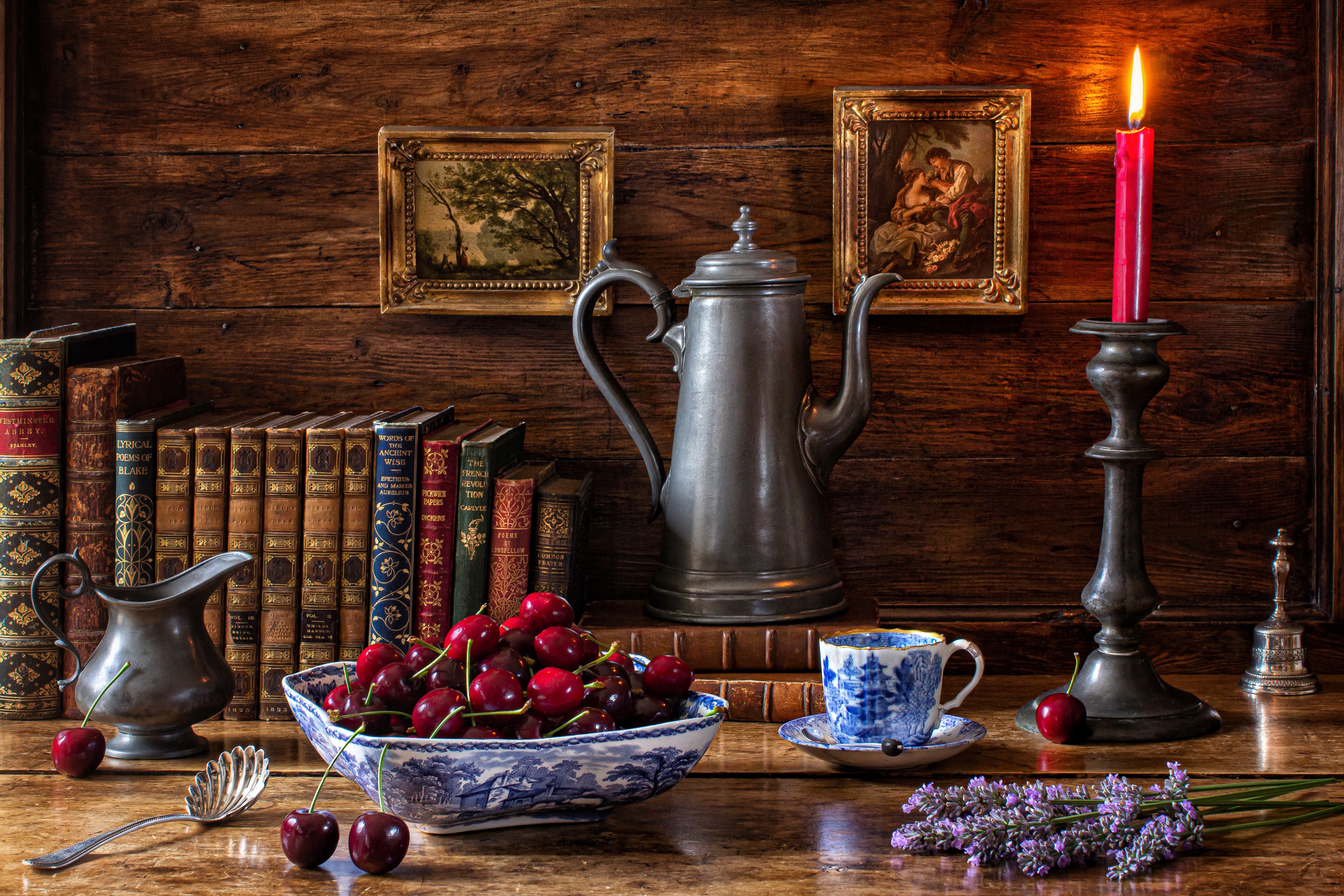 Free download wallpaper Cherry, Still Life, Flower, Cup, Book, Candle, Lavender, Photography on your PC desktop