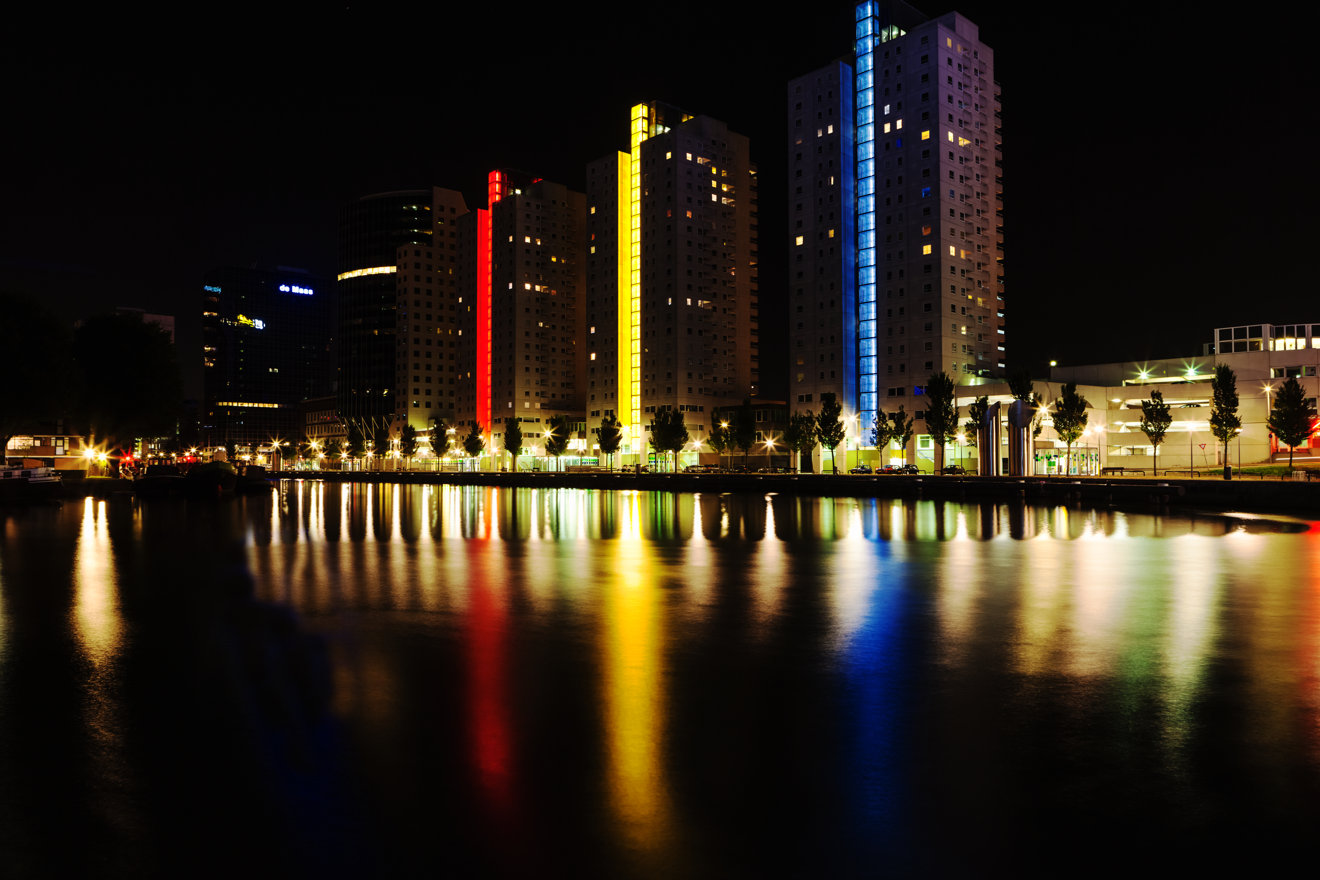 cities, city, building, reflection, multicolored, motley, backlight, illumination, embankment, quay Panoramic Wallpaper
