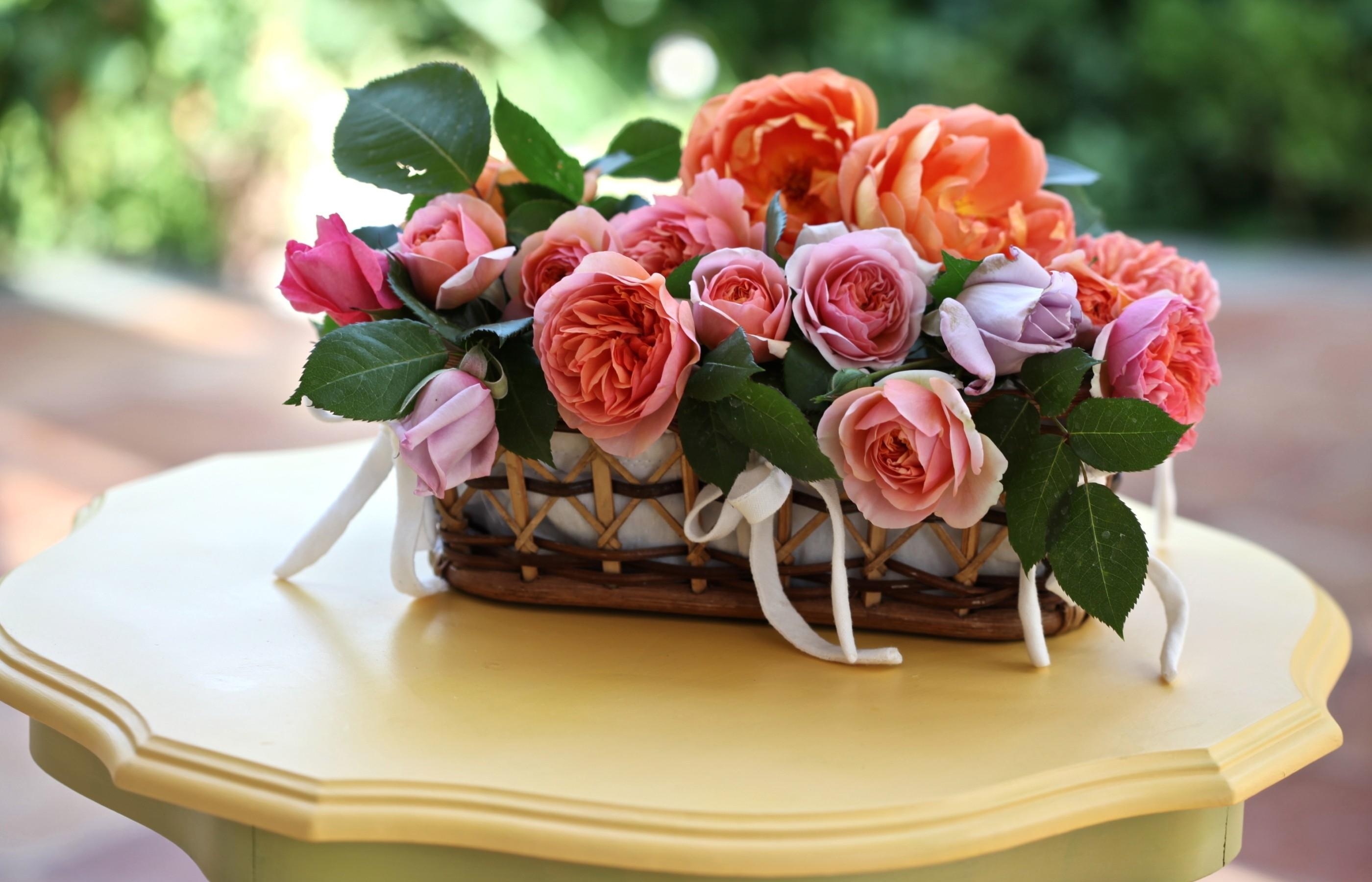 flowers, roses, leaves, table, disbanded, loose, basket cellphone
