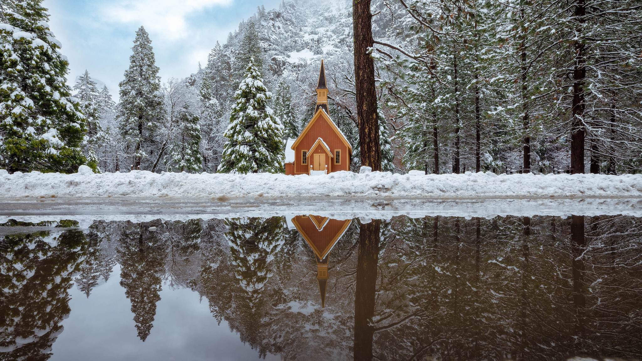 Download mobile wallpaper Winter, Nature, Reflection, Forest, Tree, Church, Churches, Religious for free.
