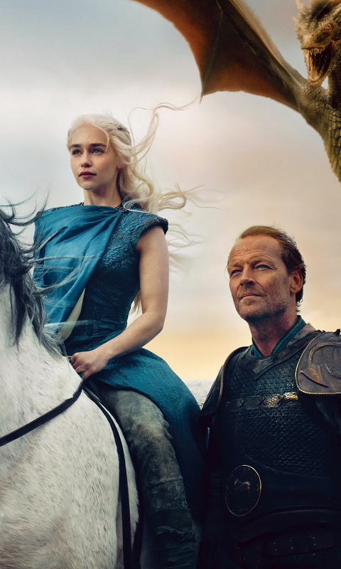 Download mobile wallpaper Game Of Thrones, Dragon, Horse, Tv Show, Daenerys Targaryen, Emilia Clarke, Iain Glen, Jorah Mormont for free.