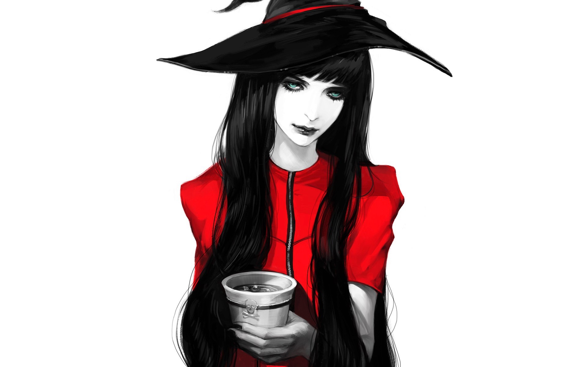 Download mobile wallpaper Fantasy, Cup, Witch, Black Hair, Long Hair, Witch Hat for free.