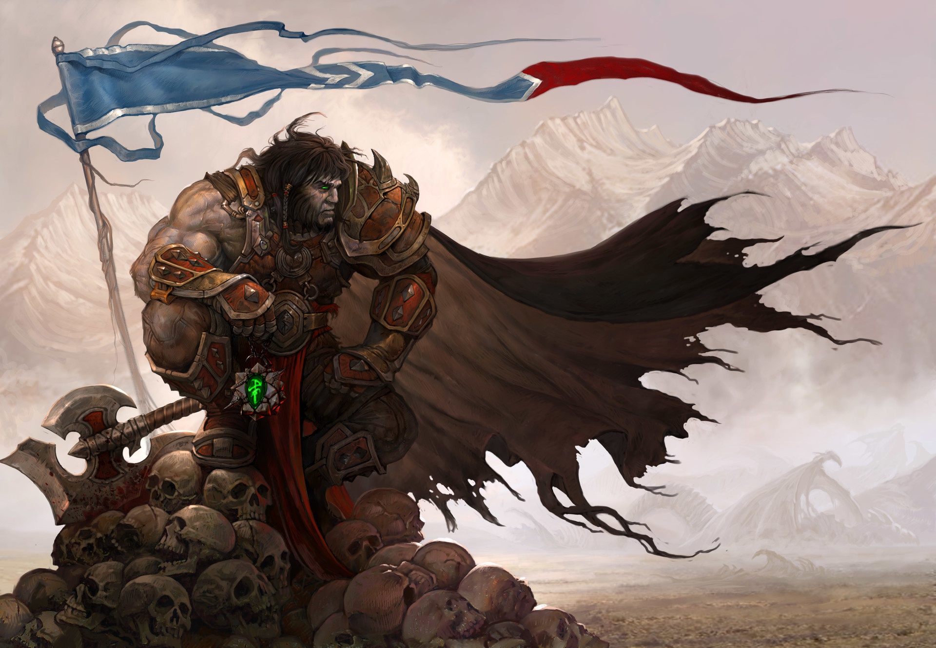Download mobile wallpaper Fantasy, Weapon, Warrior, Skull, Axe, Armor, Banner for free.